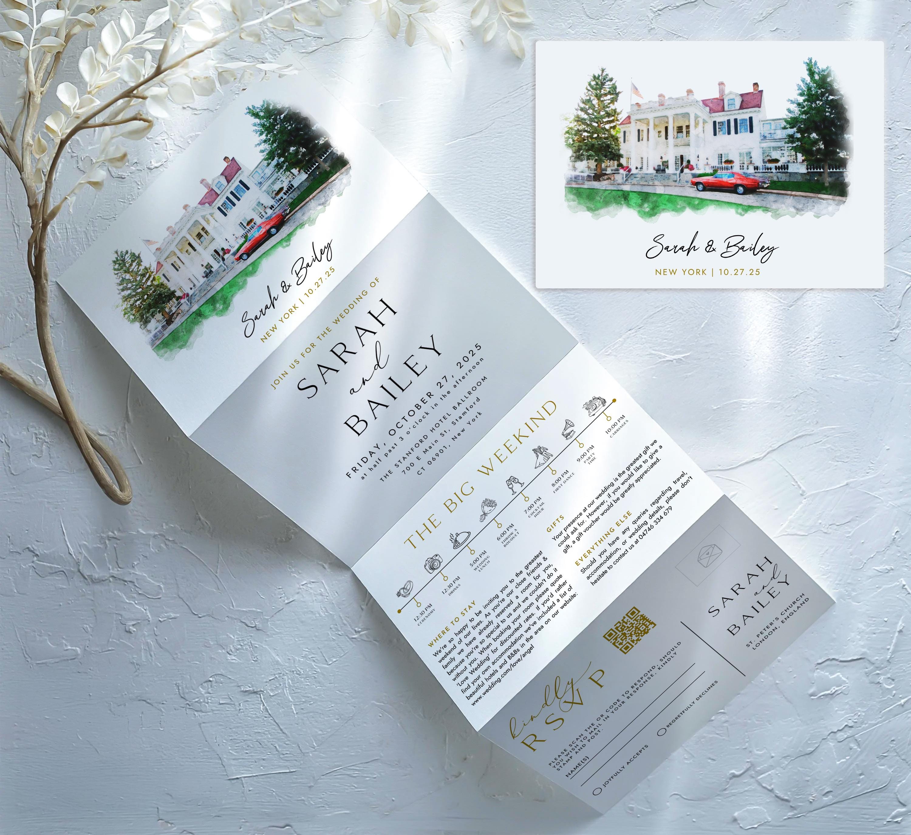 Venue Sketch Wedding Concertina Folded Invitation Card , Custom Watercolour Illustration,