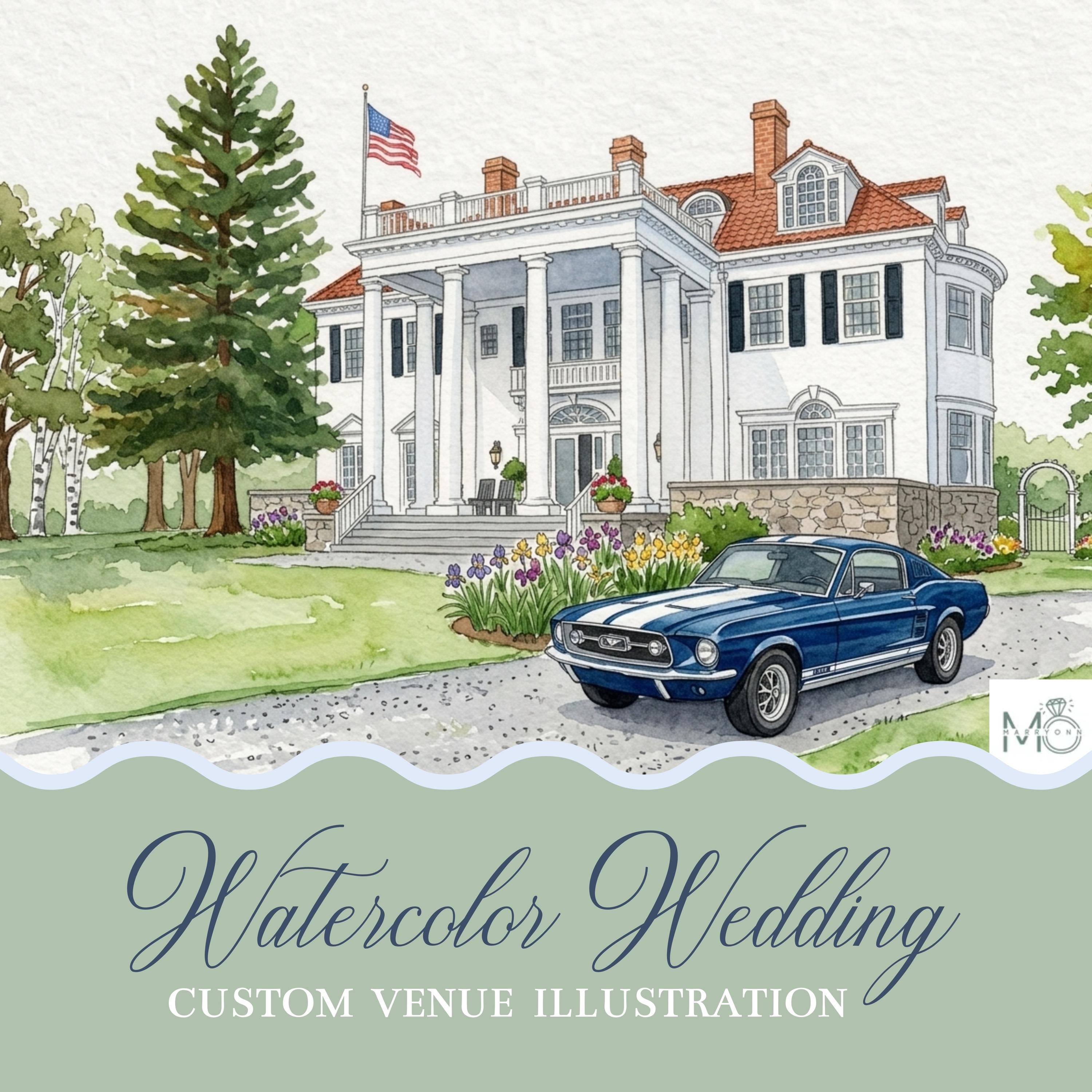 Custom Watercolor Wedding Venue Illustration - Anniversary Gift (Digital Download)