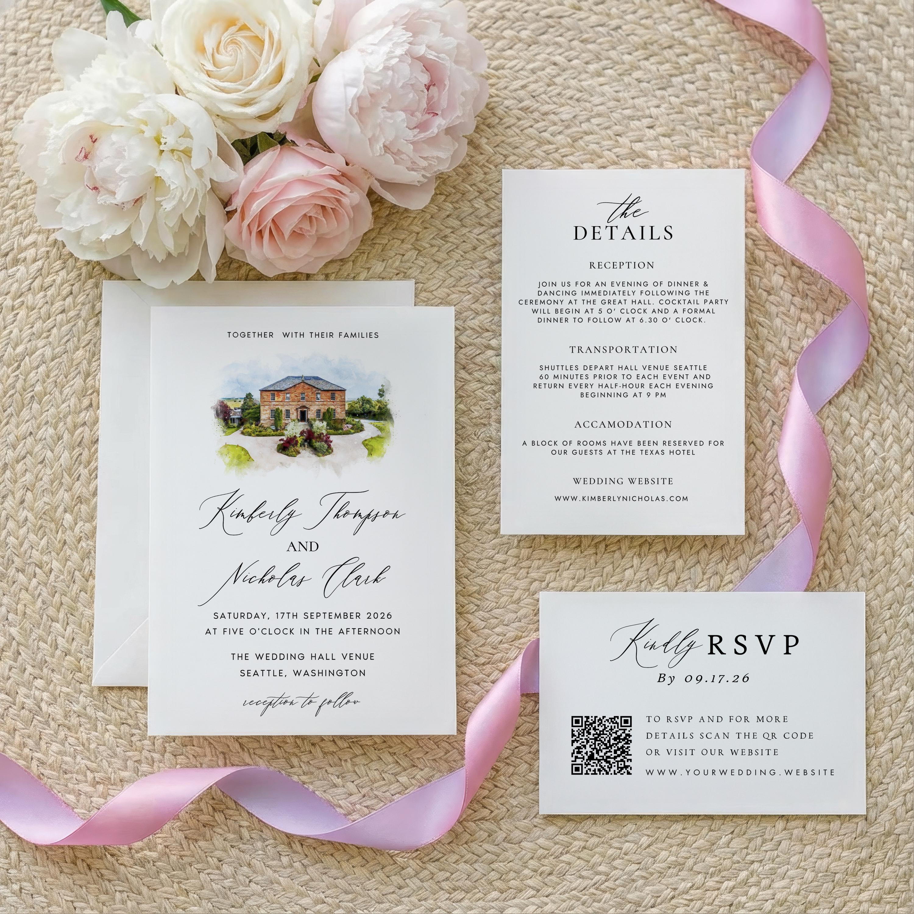 Custom Watercolor Venue Wedding Invitation set | Editable Canva Invite Template | Modern Wedding Illustration