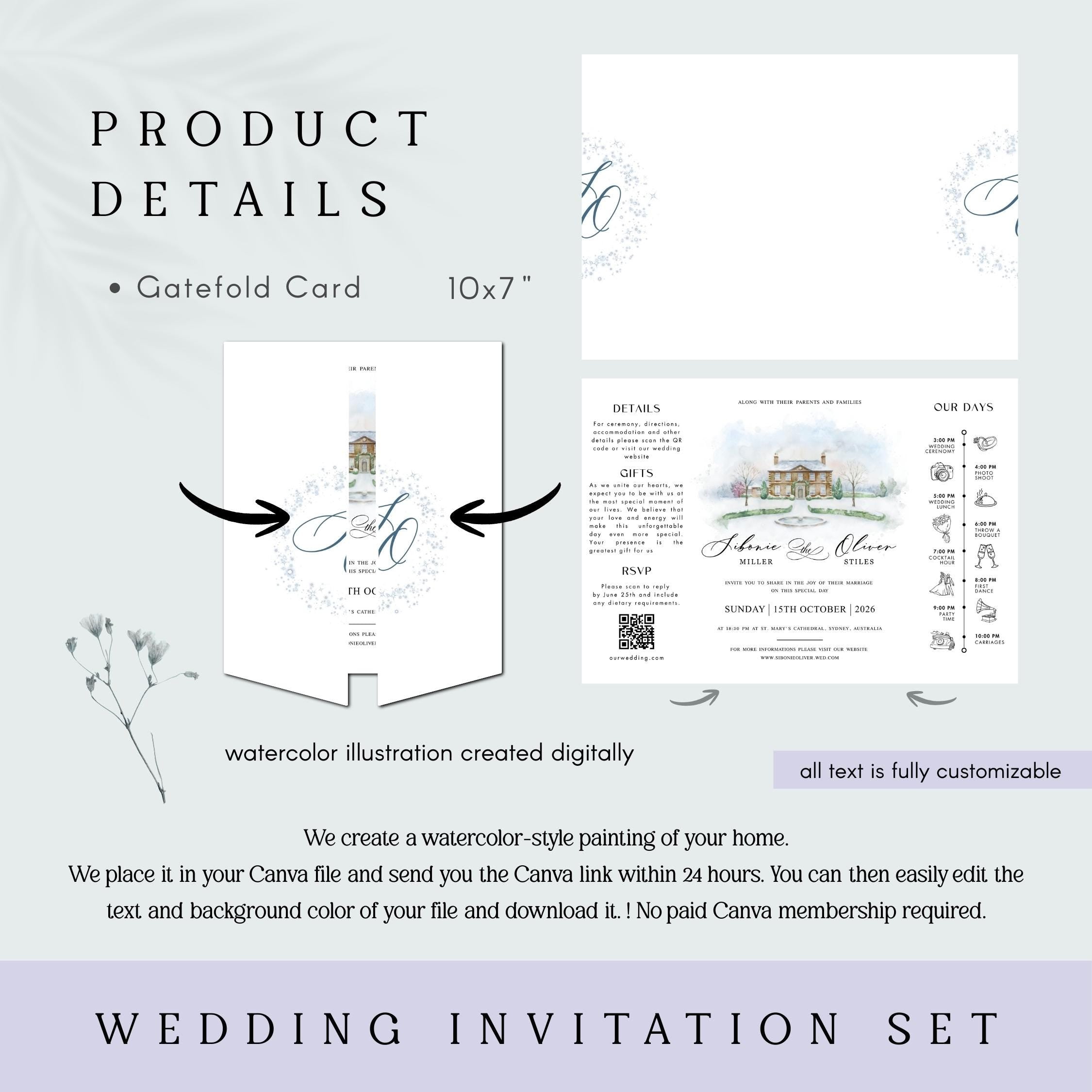 Watercolor Wedding Venue Invitations | Modern Wedding Gatefold Invitation | Custom Illustration Invite | Editable Canva Template