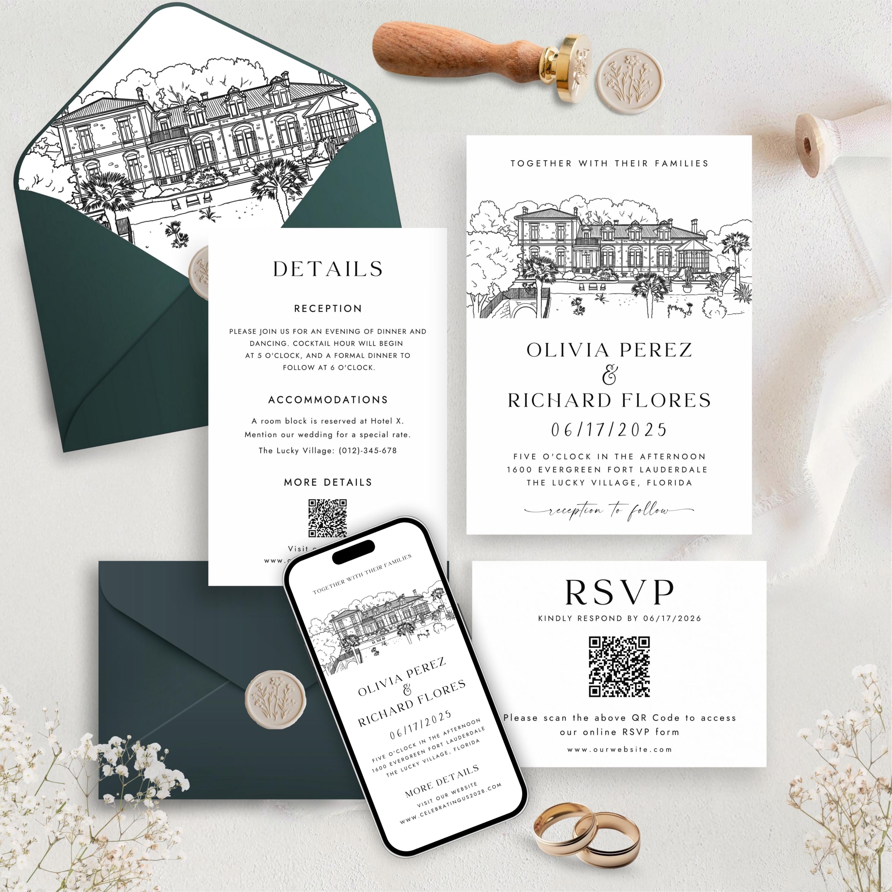 Custom Venue Line art Invitation Bundle | Personalized illustration Wedding Invite Canva Template | Wedding Stationery