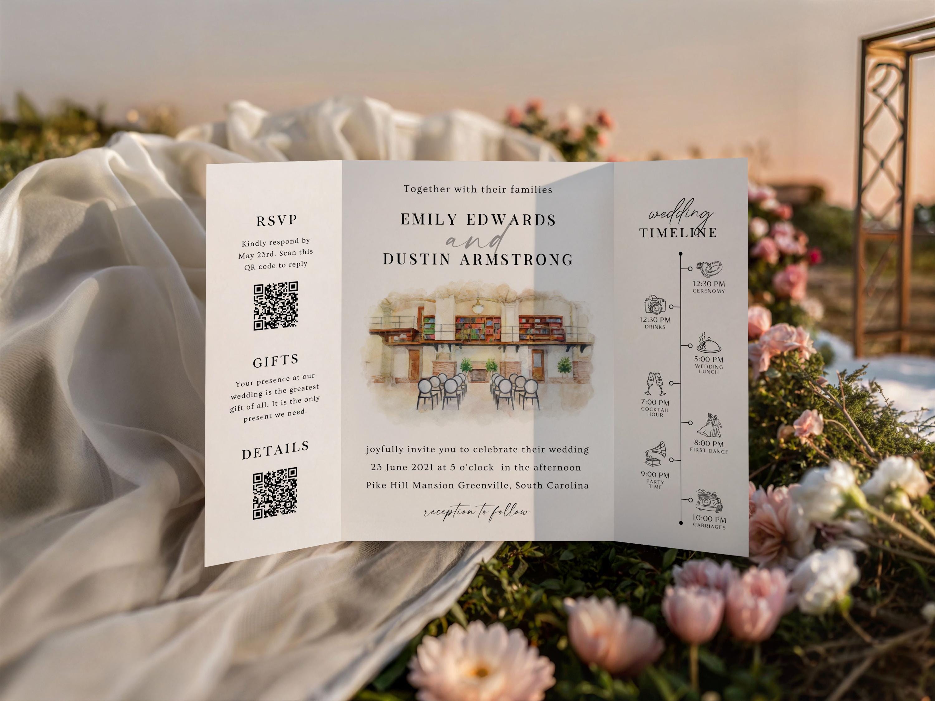 Personalized Watercolor Venue Wedding Invitation | Editable Canva Custom Gatefold Invite | Modern Wedding Template