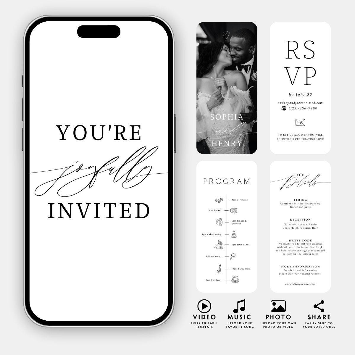 Animated Wedding Invitation Template: Minimalist Digital Phone Invite (Canva)