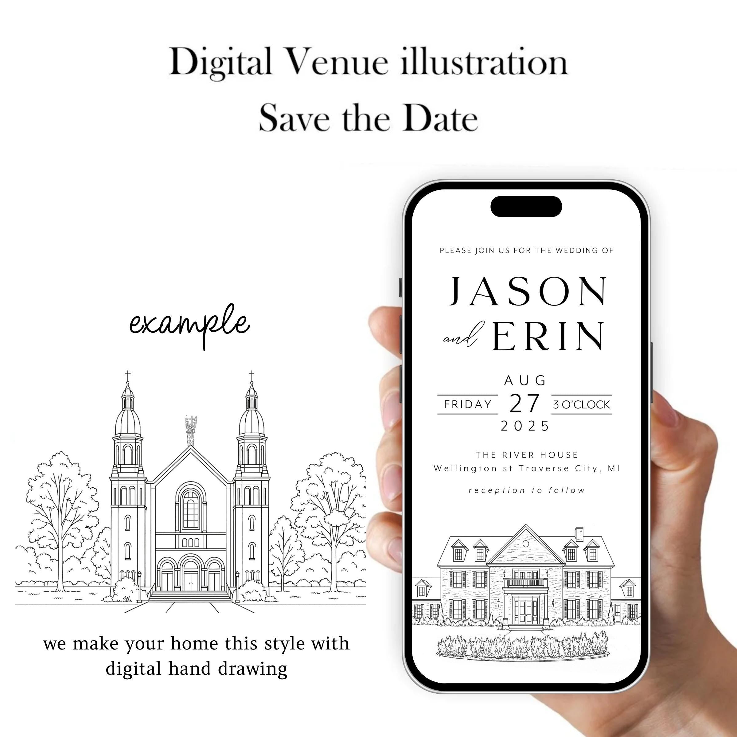 Venue Sketch Save the Date: Digital Wedding Invitation (JPEG, PNG, PDF