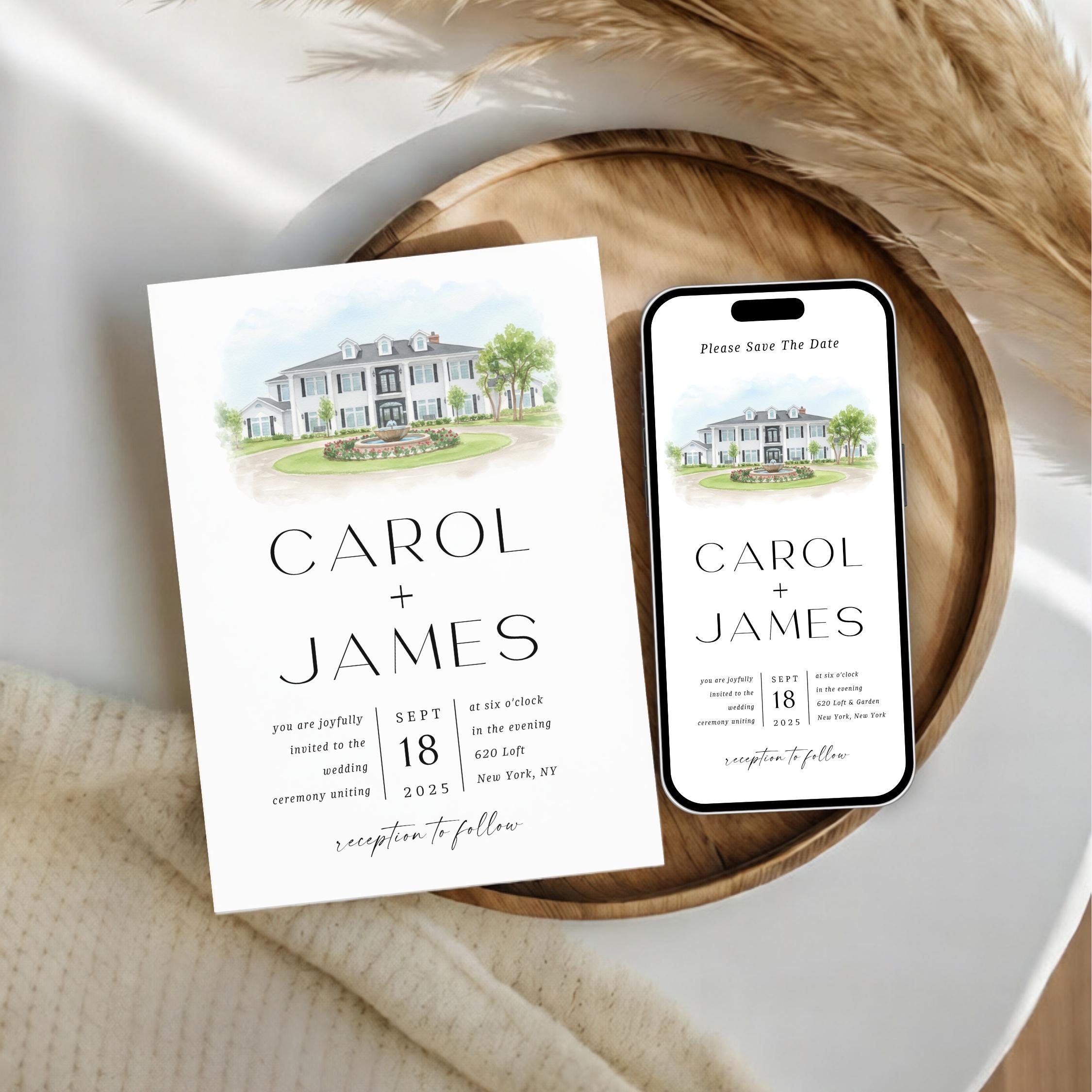 Custom Watercolor Venue Wedding Invitation | Editable Canva Invite Template | Modern Wedd Template,
