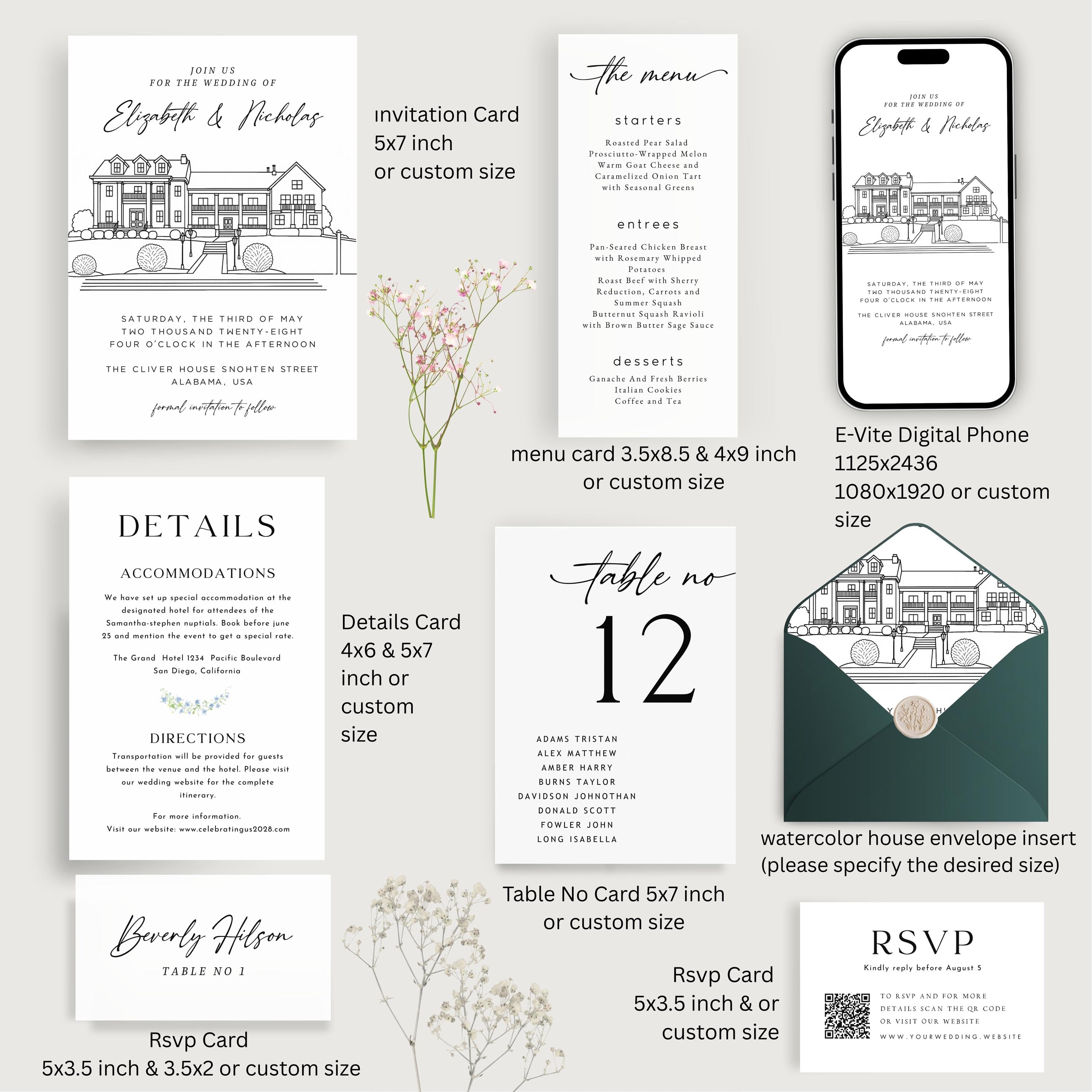 Custom Wedding Venue Lineart Invitation Bundle | Modern Wedding Sketch Illustration Invite | Editable Canva Template