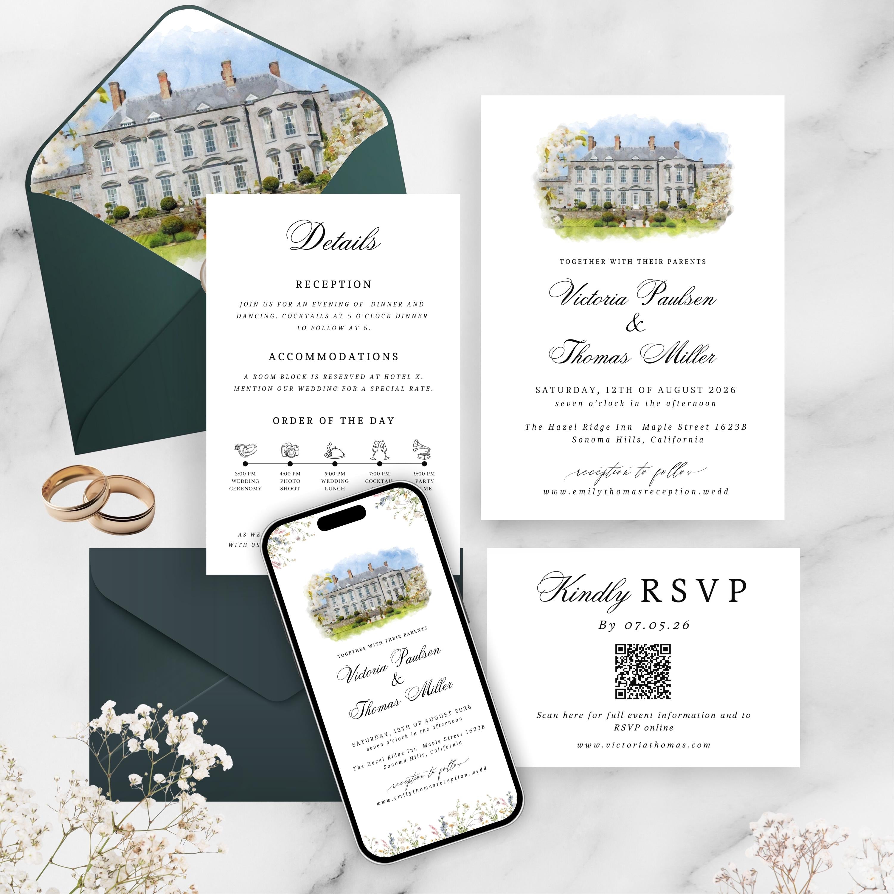 Custom Watercolor Venue Wedding Invitation | Editable Canva Invite Template | Modern Wedd Template,