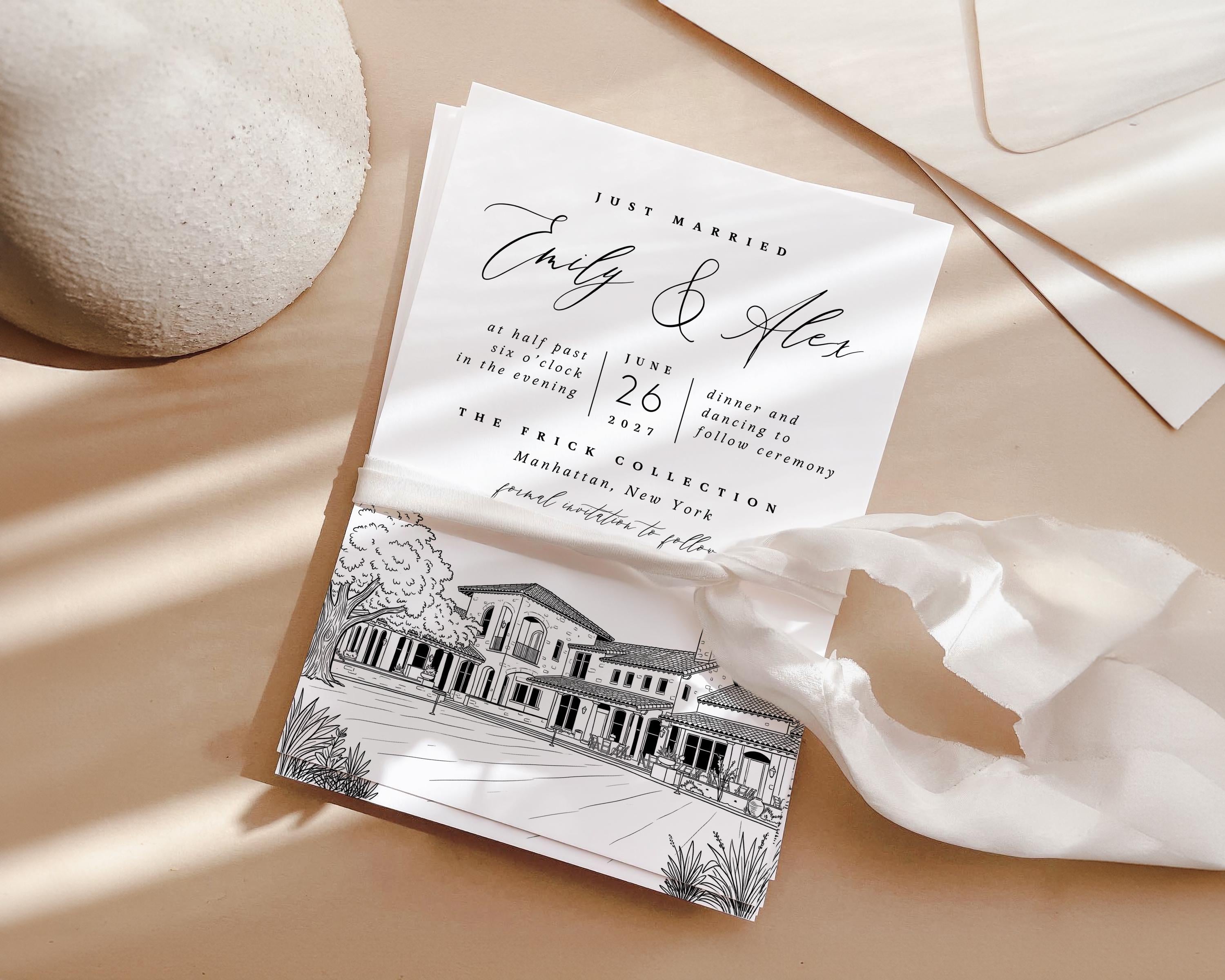 Personalized Wedding Venue Sketch Invitation Suite | Modern Wedding Stationery Bundle | Editable Canva Template