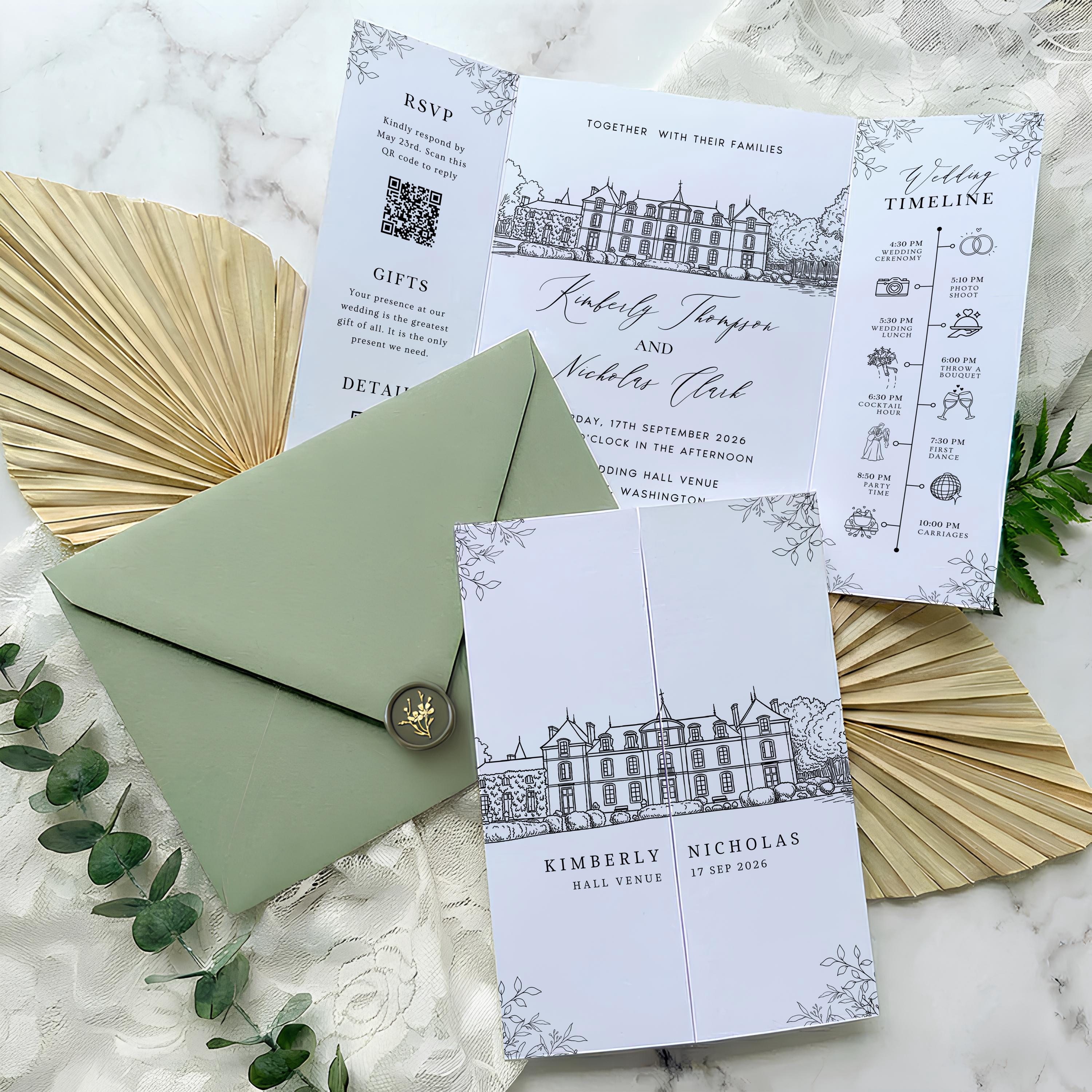 Wedding Venue Sketch Gatefold Invitation | Fully Editable Invitation Canva Template | Illustration