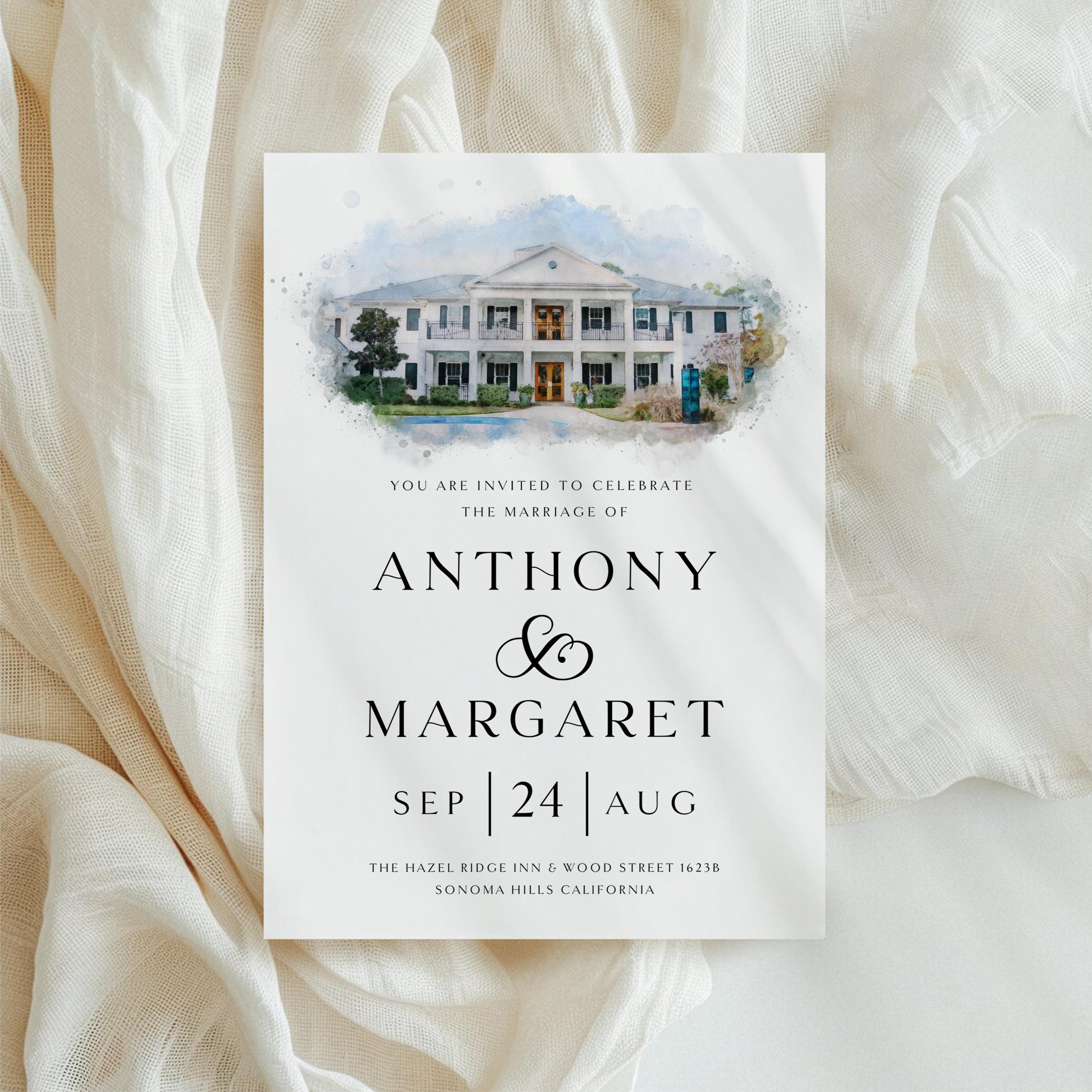 Custom Watercolor Venue Wedding Invitation,Wedding Invitation Template, Watercolor Venue Wedding Invitation, Illustration wedding venue