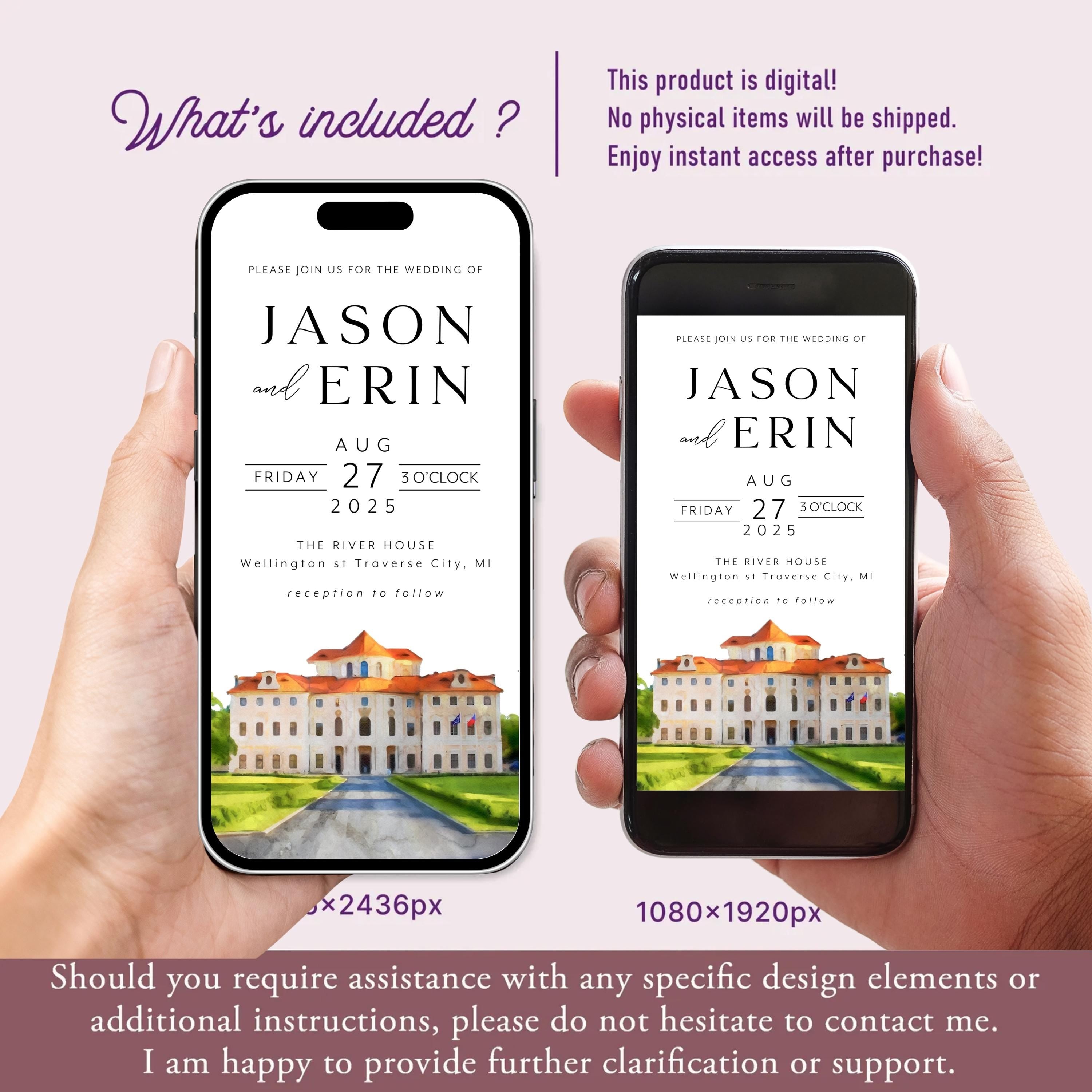 Digital Venue Sketch Save the Date: Watercolor Wedding E-vite (JPEG, PNG, PDF