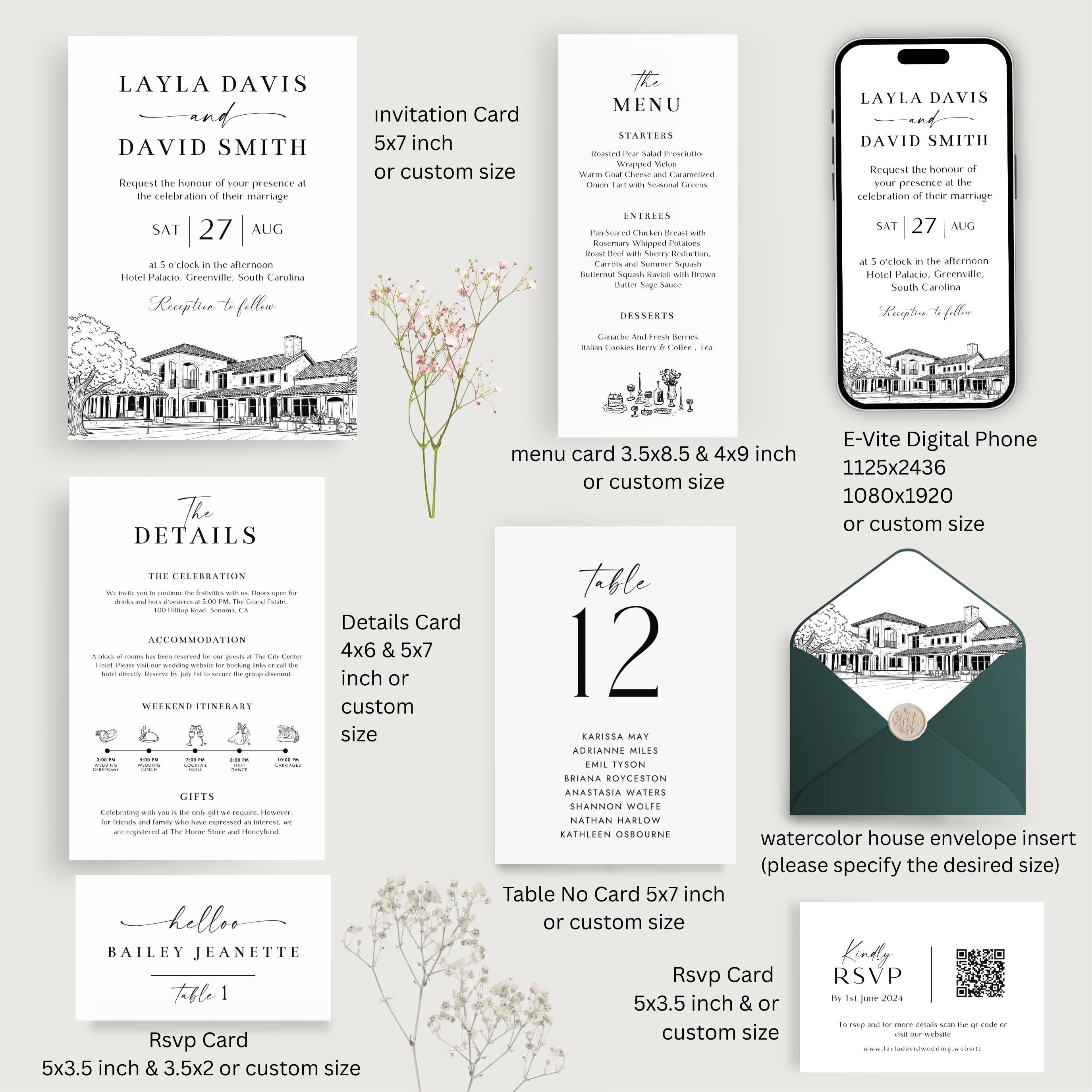 Custom Wedding Venue Lineart Invitation Bundle | Modern Wedding Sketch Illustration Invite | Editable Canva Template