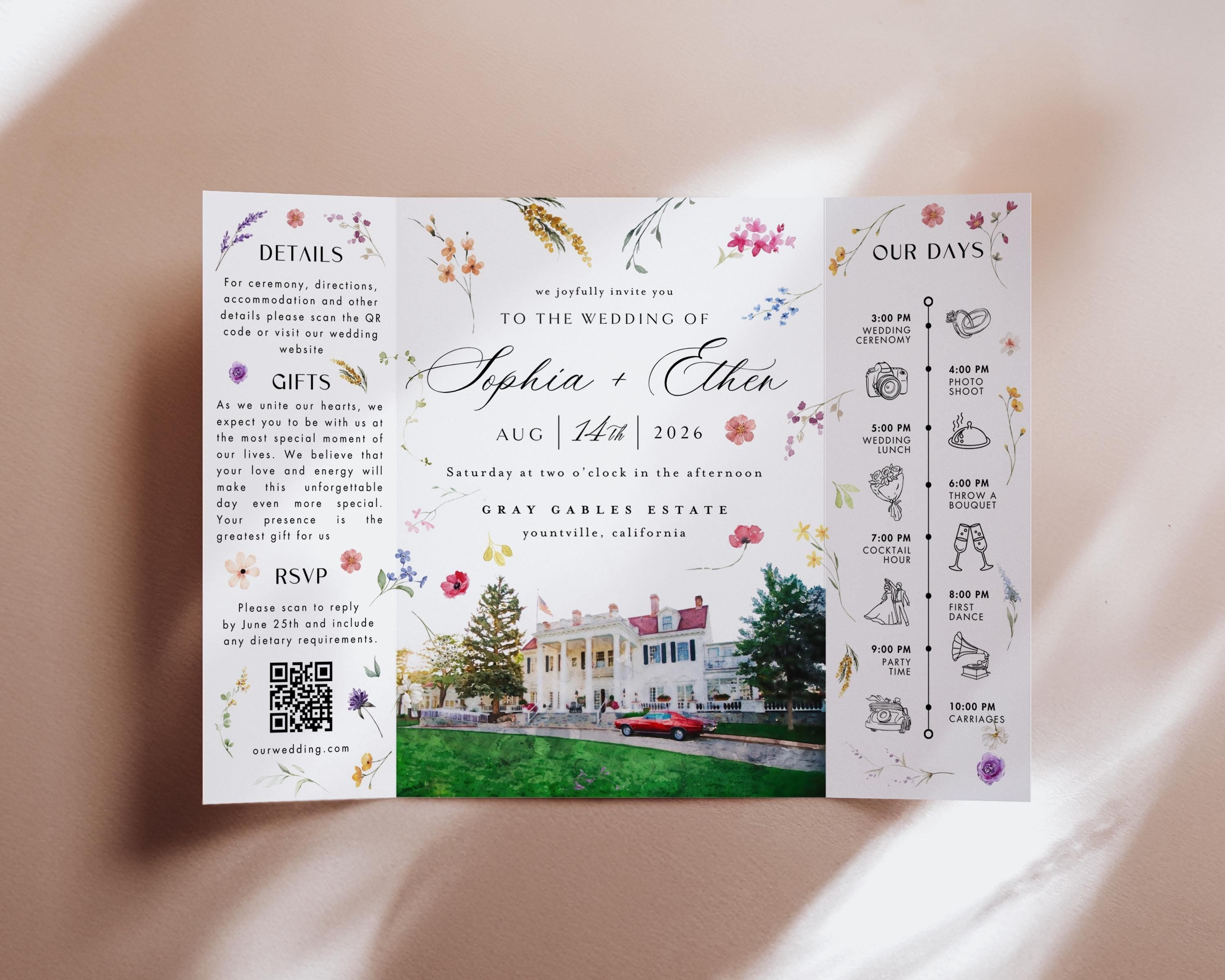 Watercolor Venue Wedding Invitation, Editable Gatefold Canva Template, Custom Invite