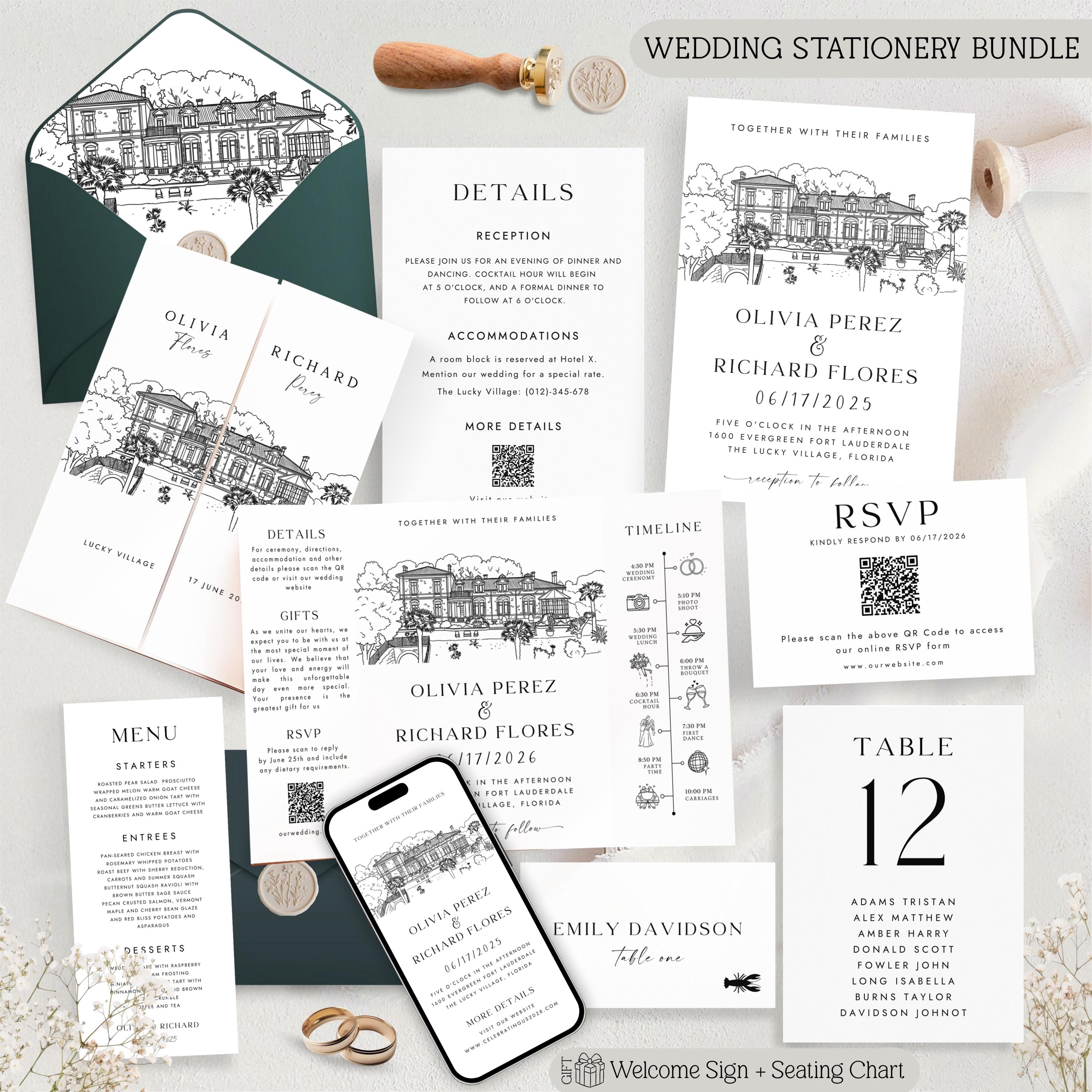 Custom Venue Line art Invitation Bundle | Personalized illustration Wedding Invite Canva Template | Wedding Stationery