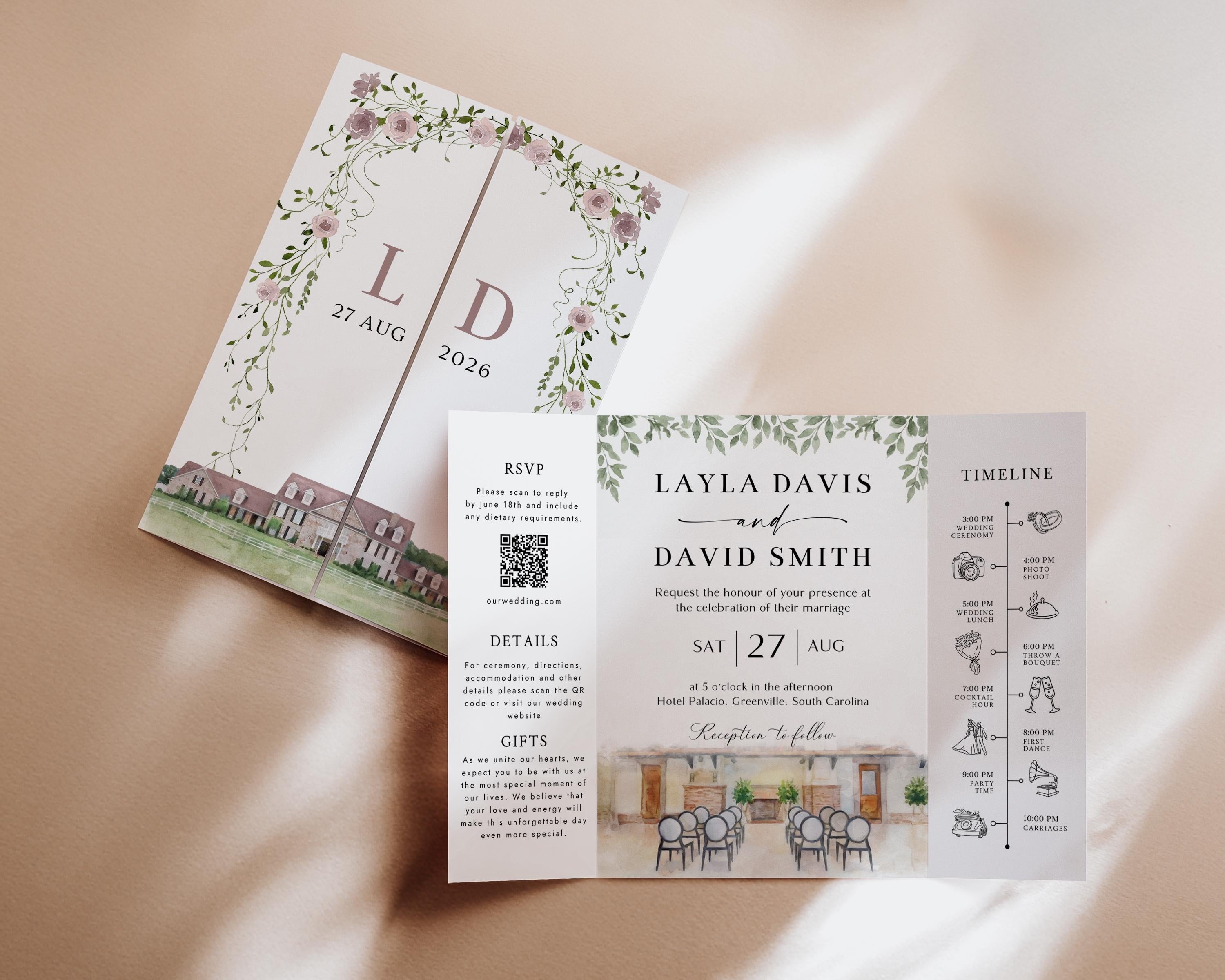 Personalized Watercolor Venue Wedding Invitation | Editable Canva Custom Gatefold Invite | Modern Wedding Template