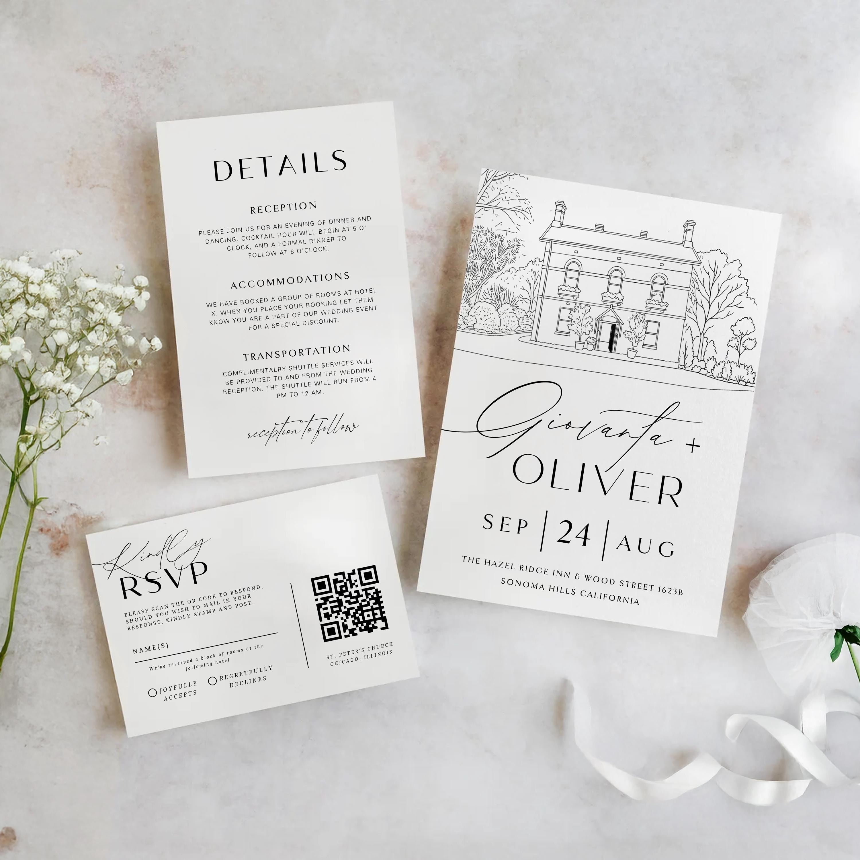 Venue Line Drawing Wedding Invitation: Editable Canva Template