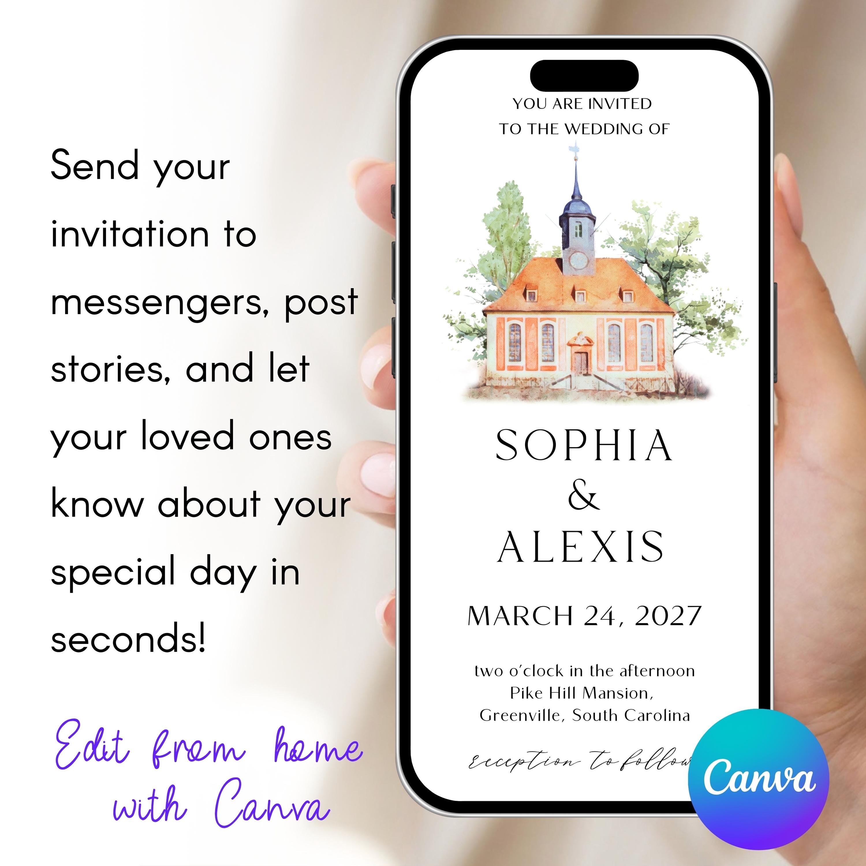 Digital Venue Sketch Save the Date: Watercolor Wedding E-vite (JPEG, PNG, PDF