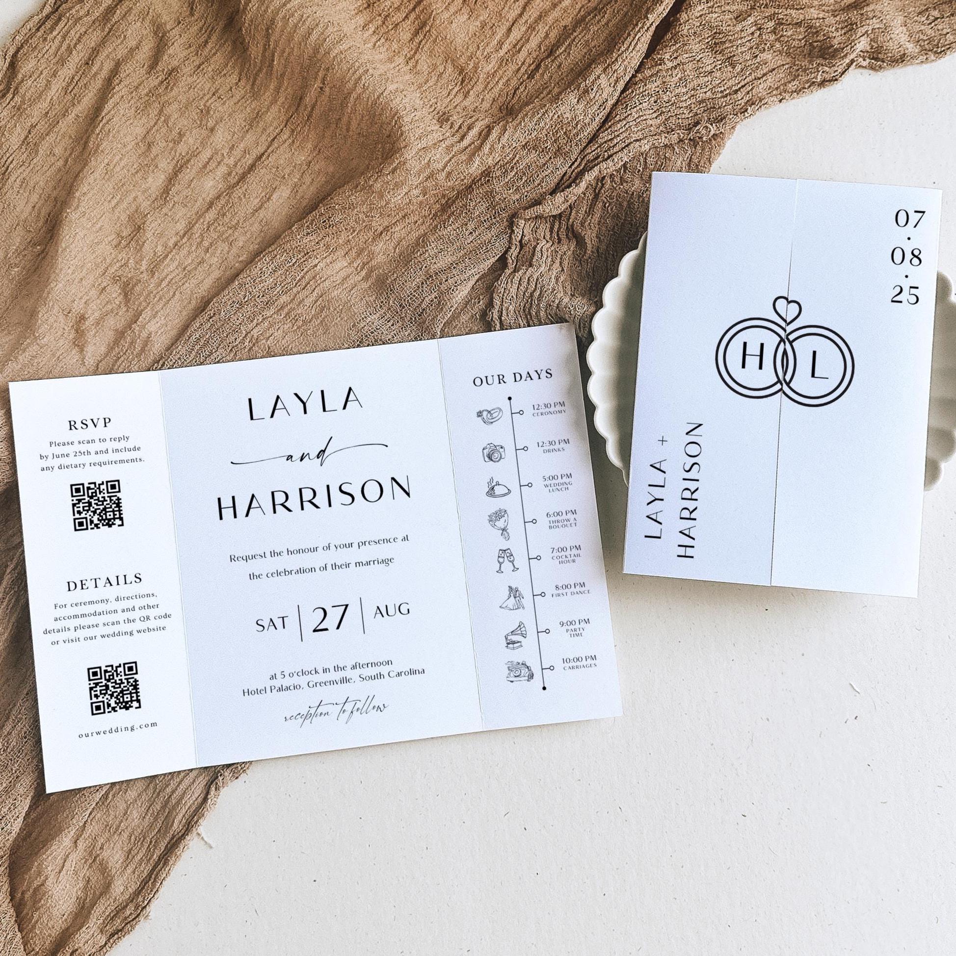 Editable Gatefold Wedding Invitation Template with QR Code (Digital Download)
