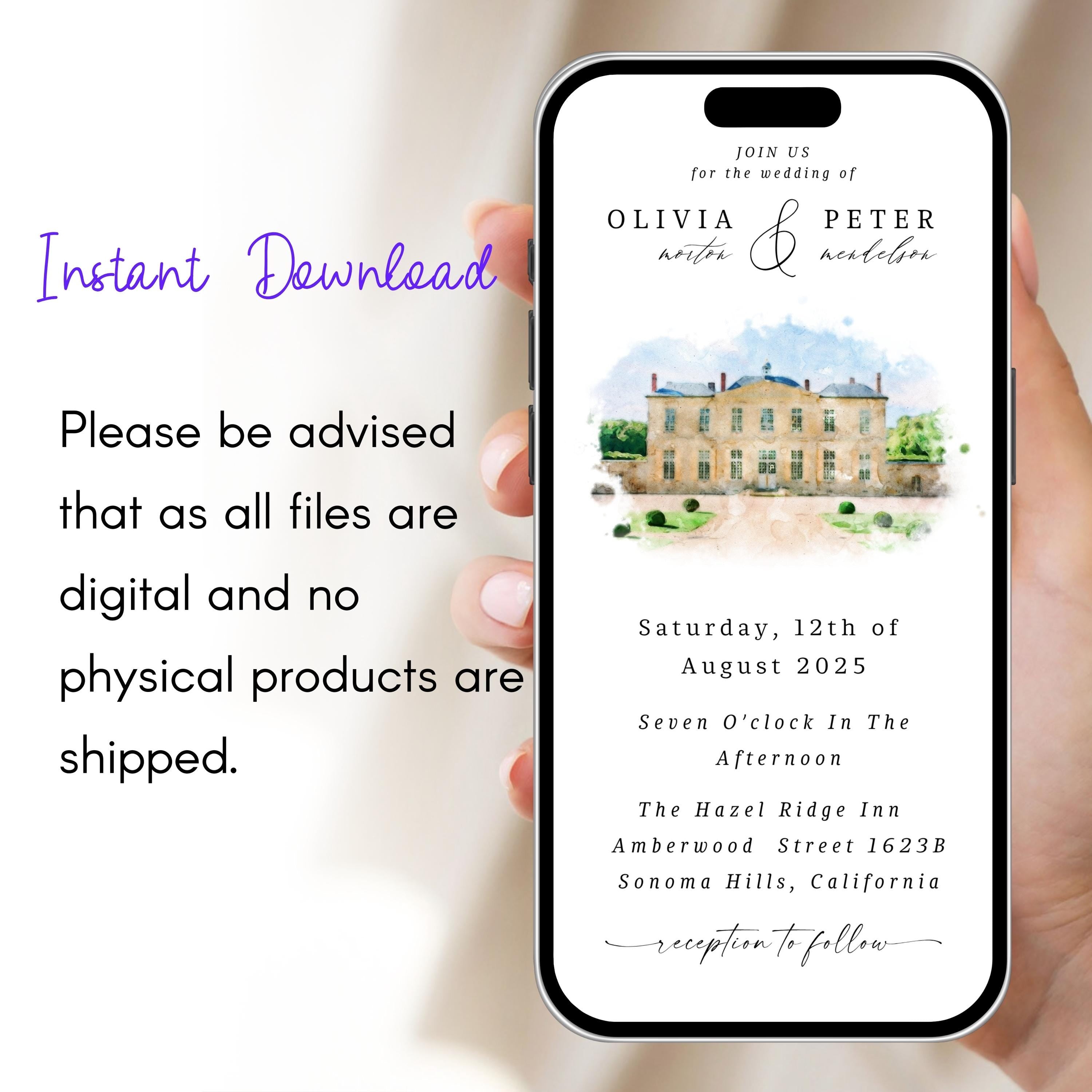 Digital Venue Sketch Save the Date: Watercolor Wedding E-vite (JPEG, PNG, PDF