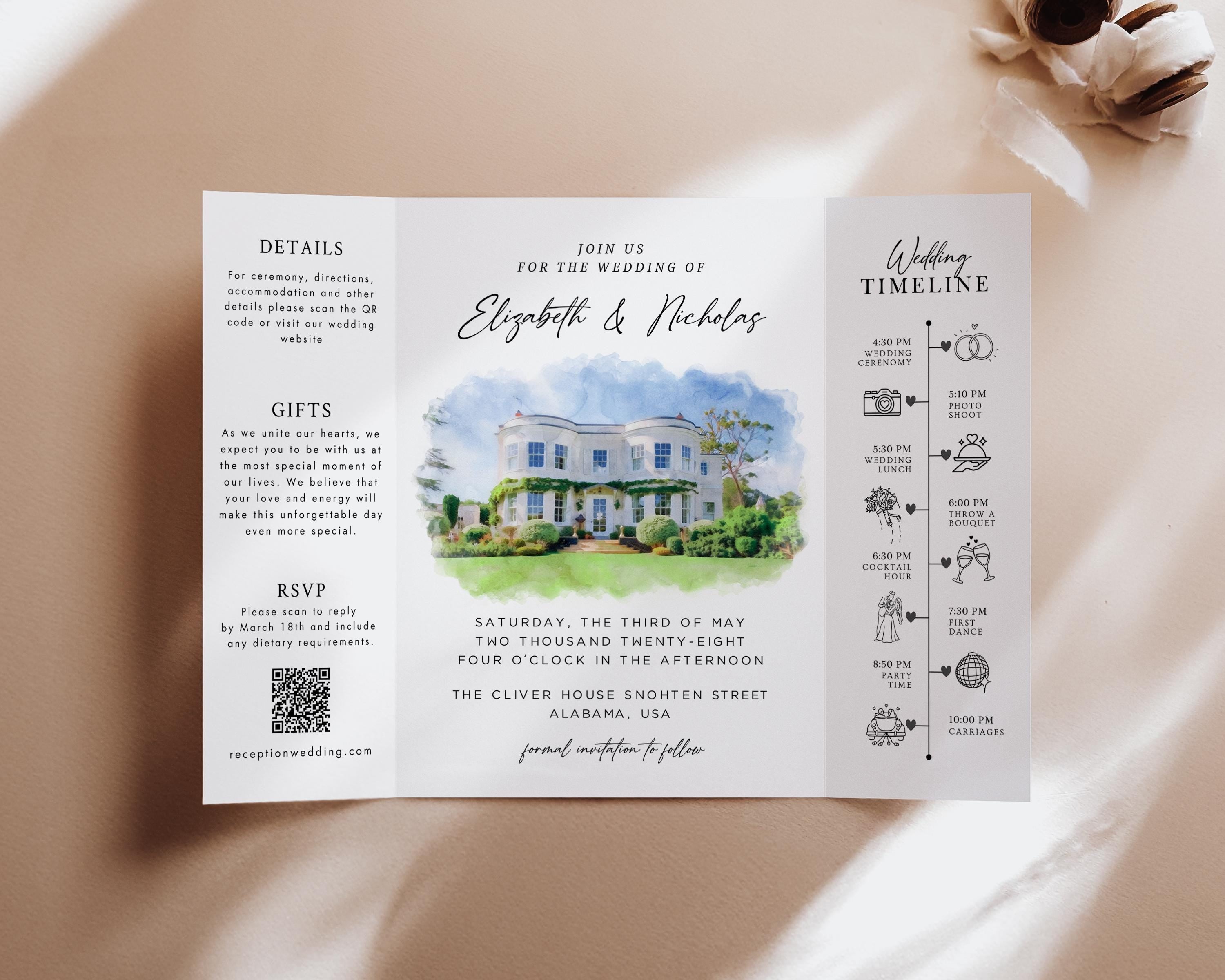 Personalized Watercolor Venue Wedding Invitation | Editable Canva Custom Gatefold Invite | Modern Wedding Template