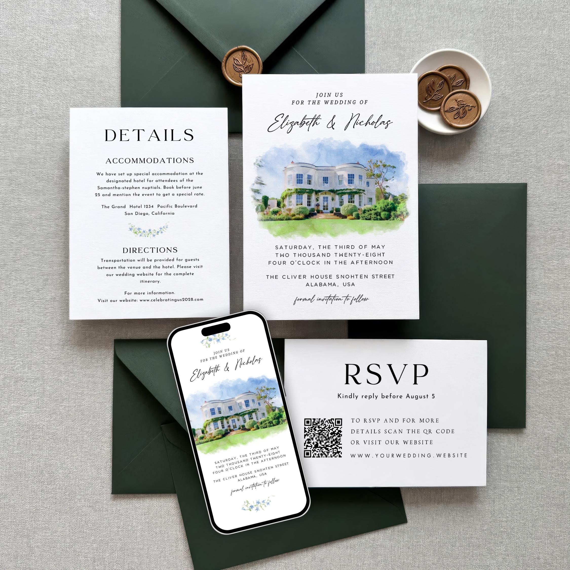 Custom Watercolor Venue Wedding Invitation | Printable Wedding Stationery Bundle | Editable Canva Template