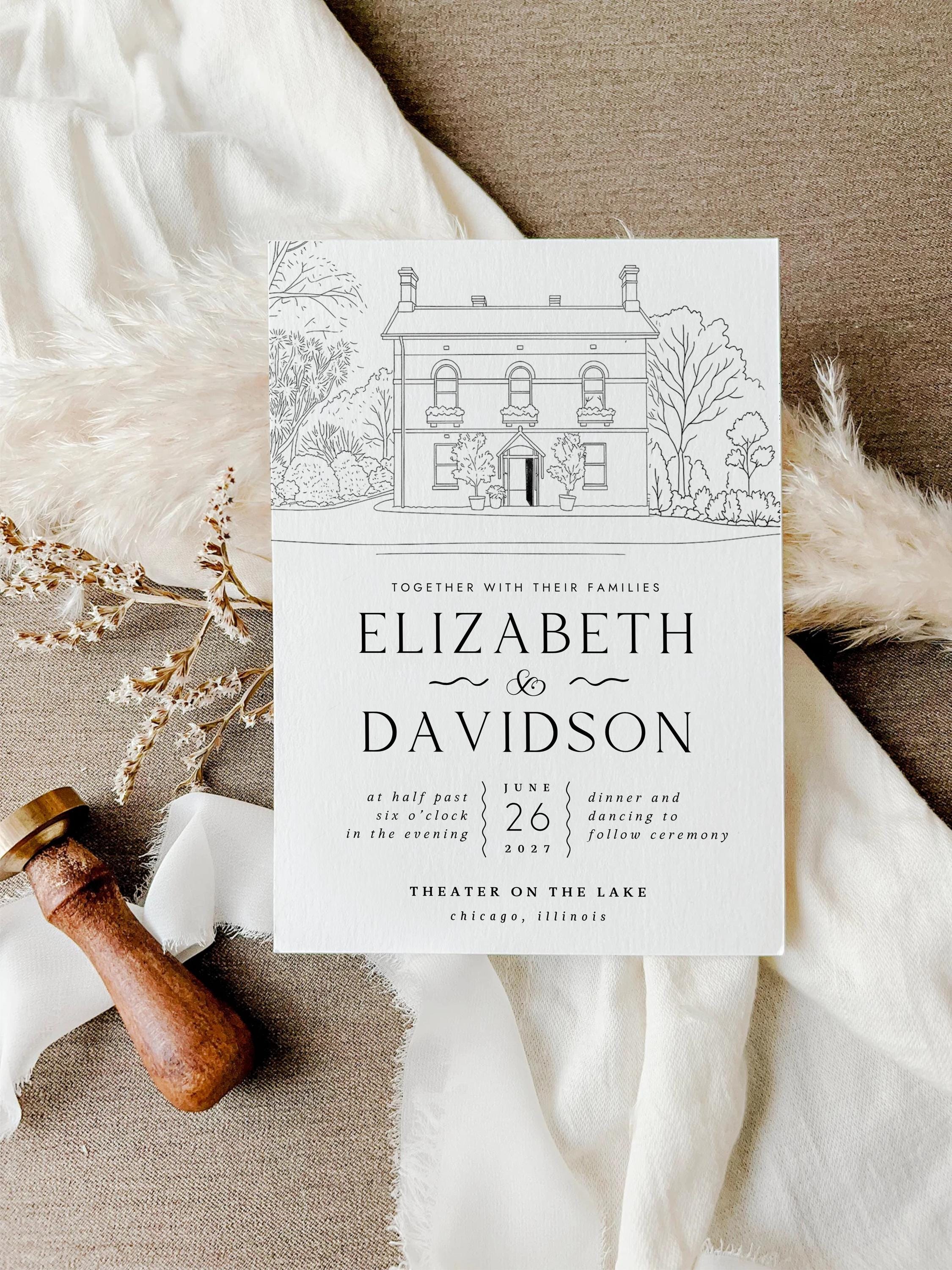 Wedding Venue Line Art Invitation: Custom Venue Sketch (Canva Template, Digital Download)