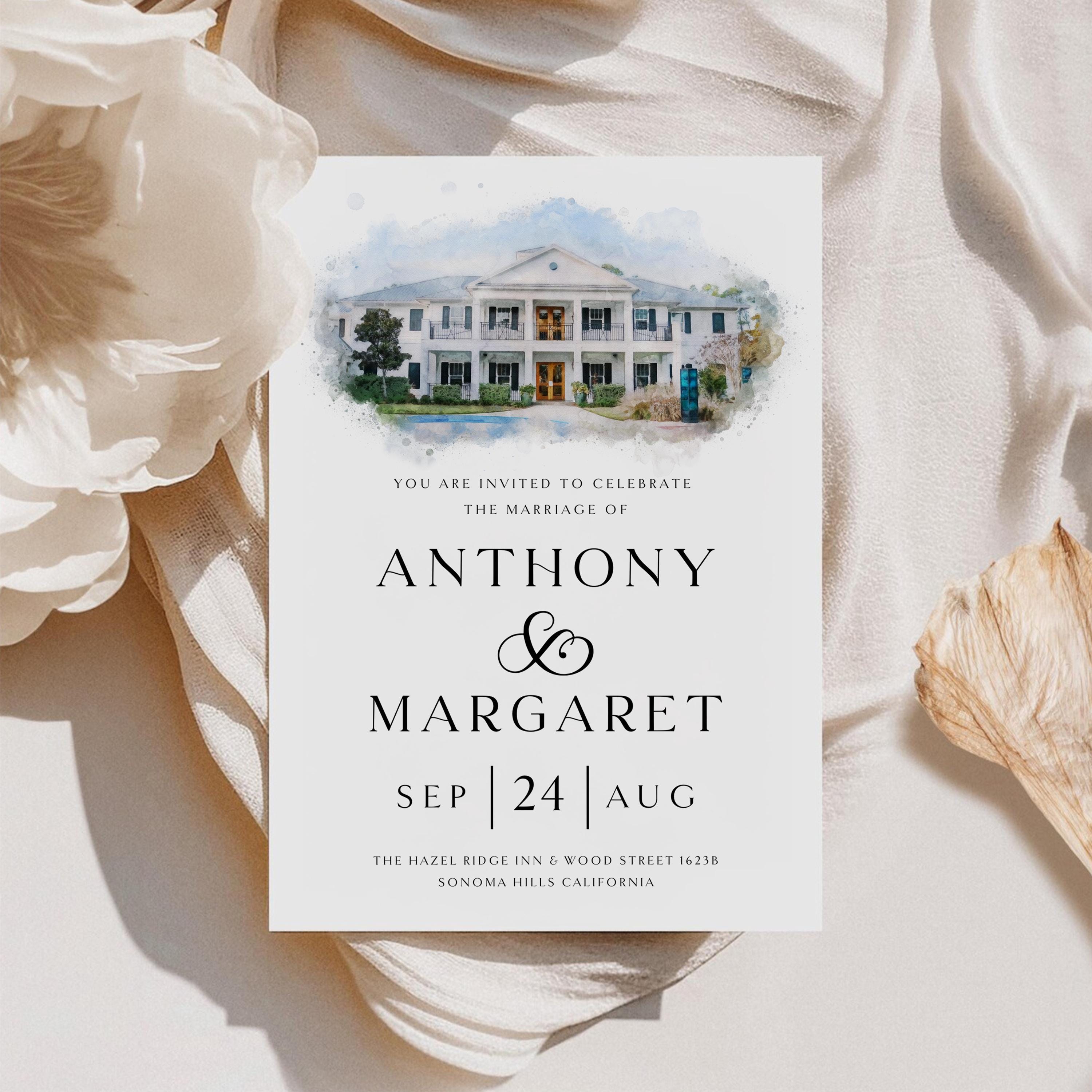 Watercolor Venue Wedding Invitation Template: Custom Illustration (DIY Canva Editable, Digital Download, RSVP Included)