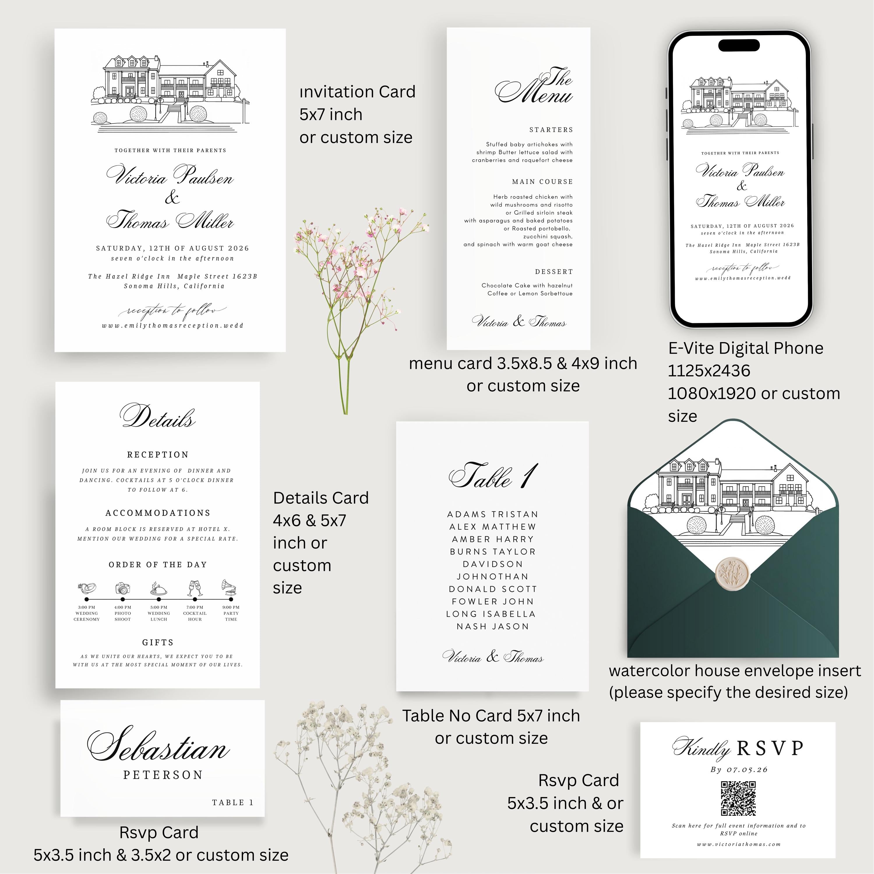 Custom Venue Lineart Invitation Suite | Editable Modern Wedding Invite Canva Template, Wedding Stationery Bundle