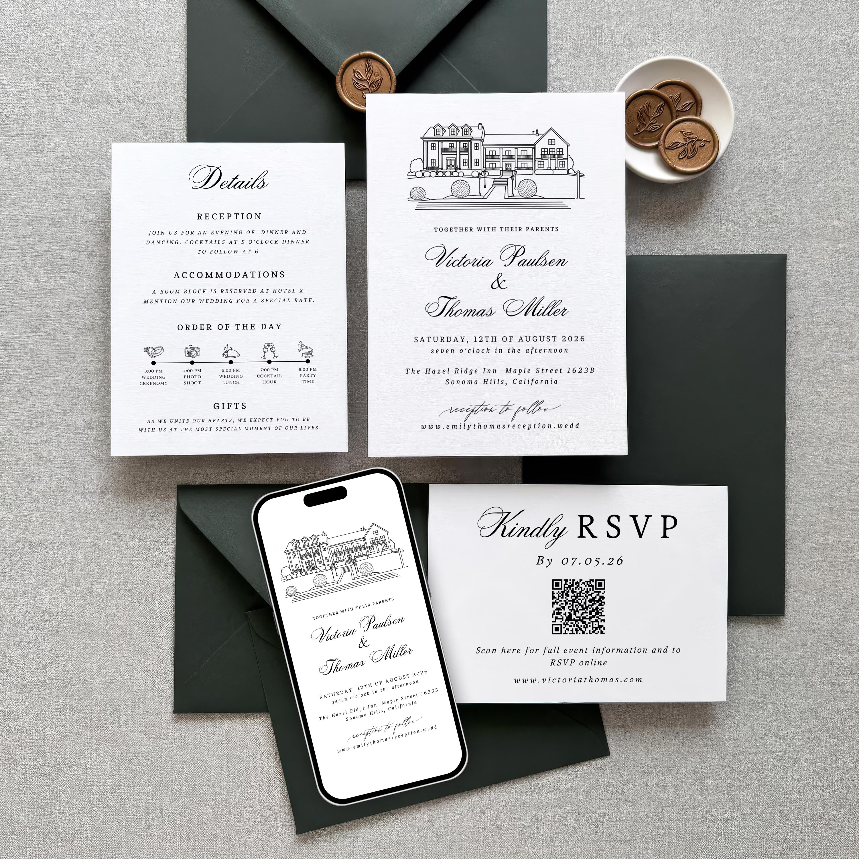 Custom wedding Venue Sketch Invitation set | Invite Venue Illustration Stationery | Editable DIY Canva Template