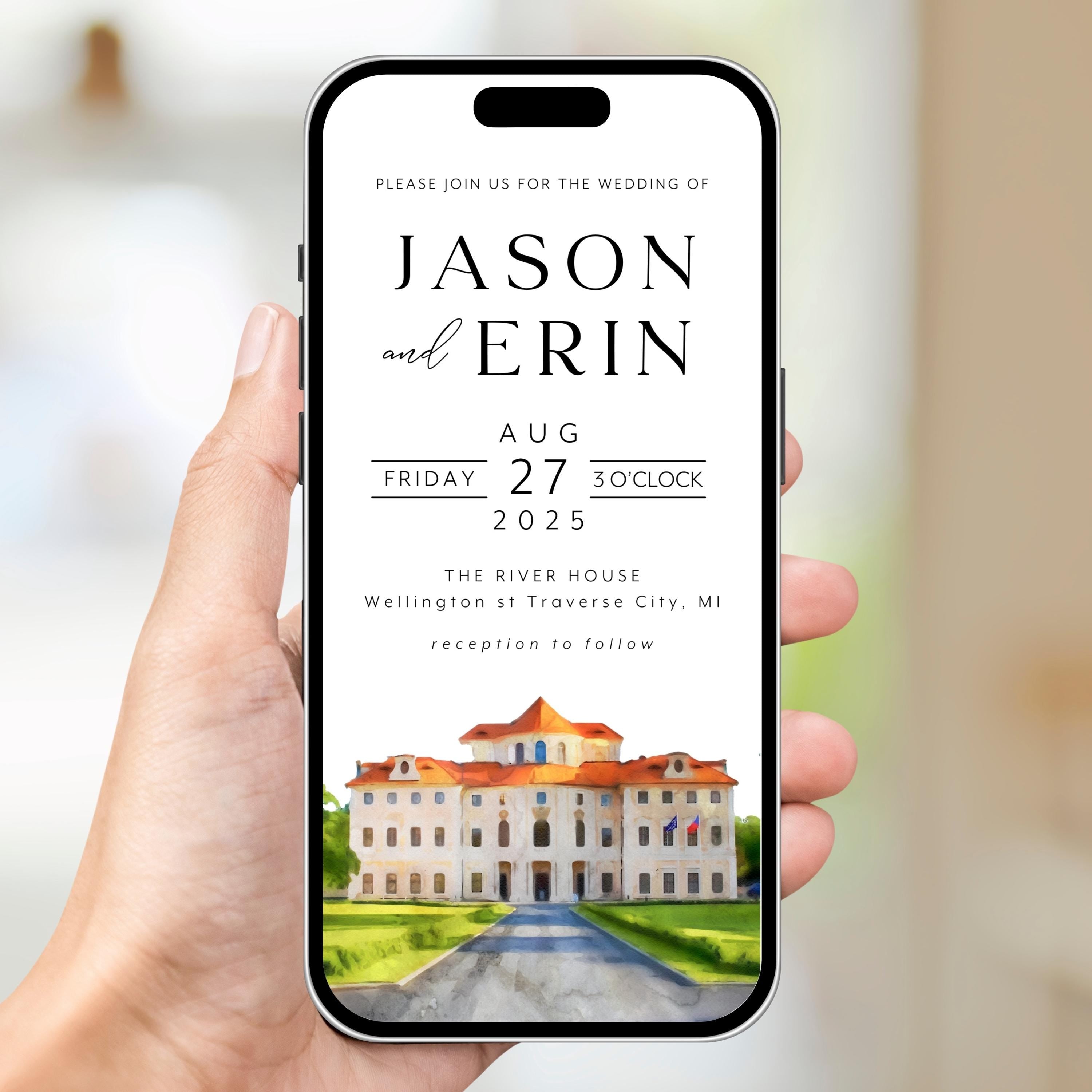 Digital Venue Sketch Save the Date: Watercolor Wedding E-vite (JPEG, PNG, PDF