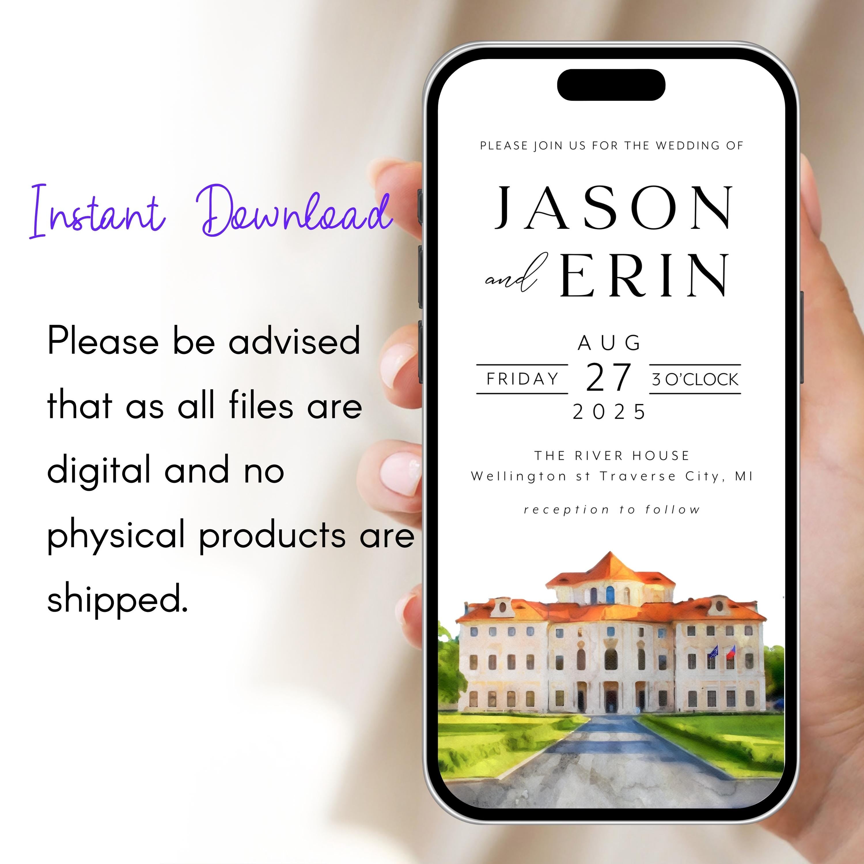 Digital Venue Sketch Save the Date: Watercolor Wedding E-vite (JPEG, PNG, PDF