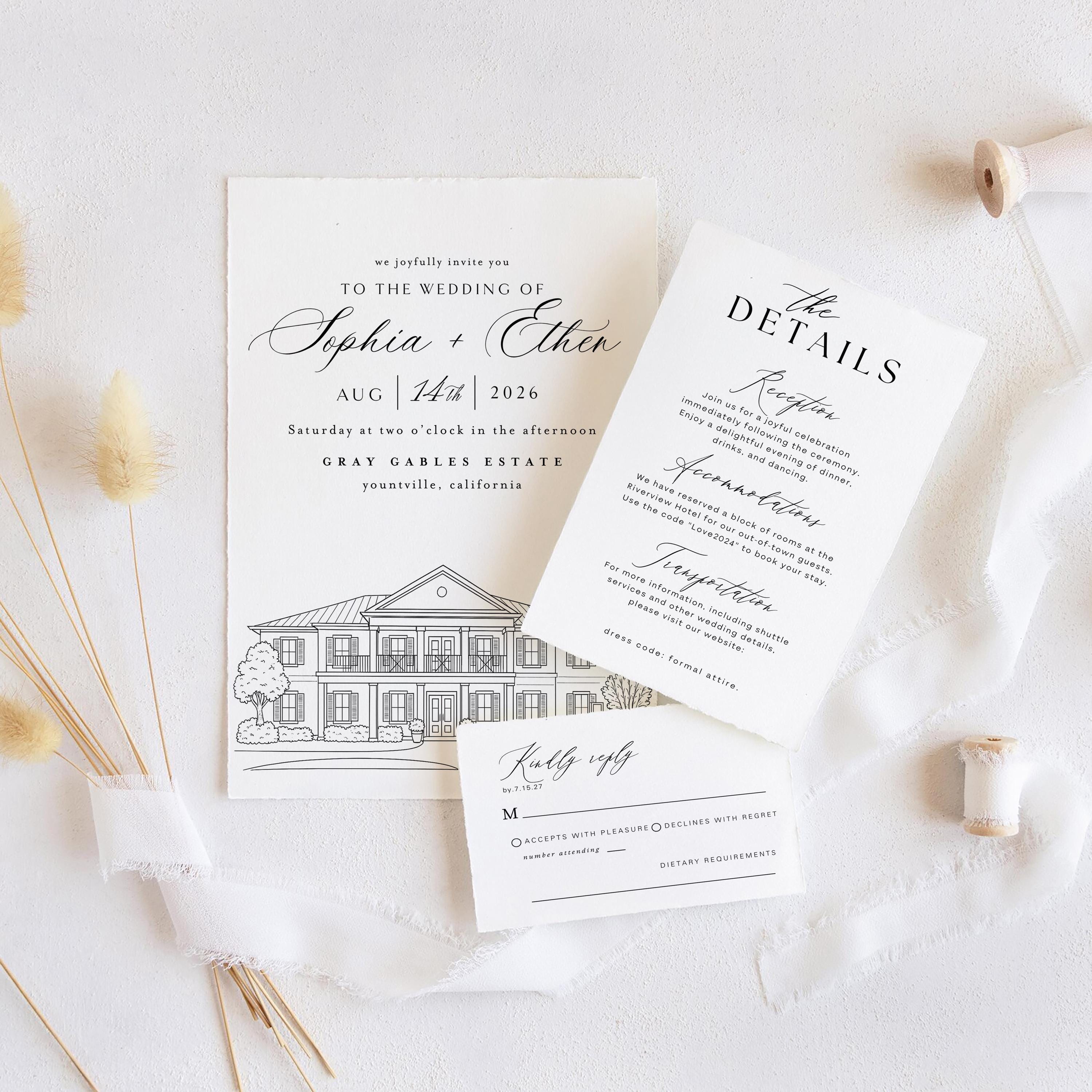 Venue Illustration Wedding Invitation: Editable Template (Canva)