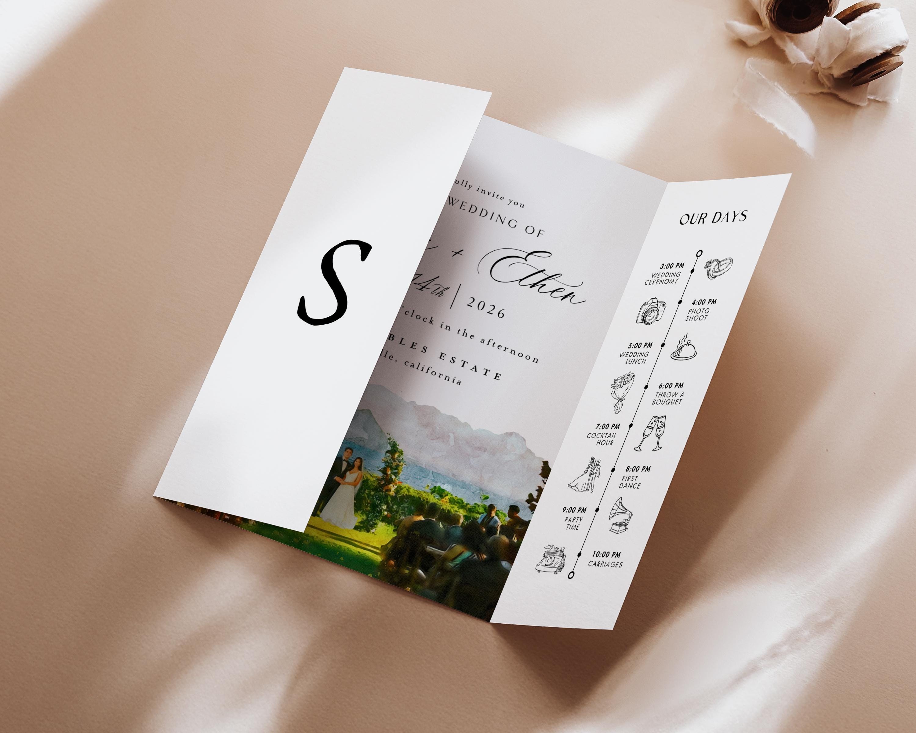 Modern Watercolor Venue Wedding Invitation, Gatefold Canva Template, Custom Editable Invite