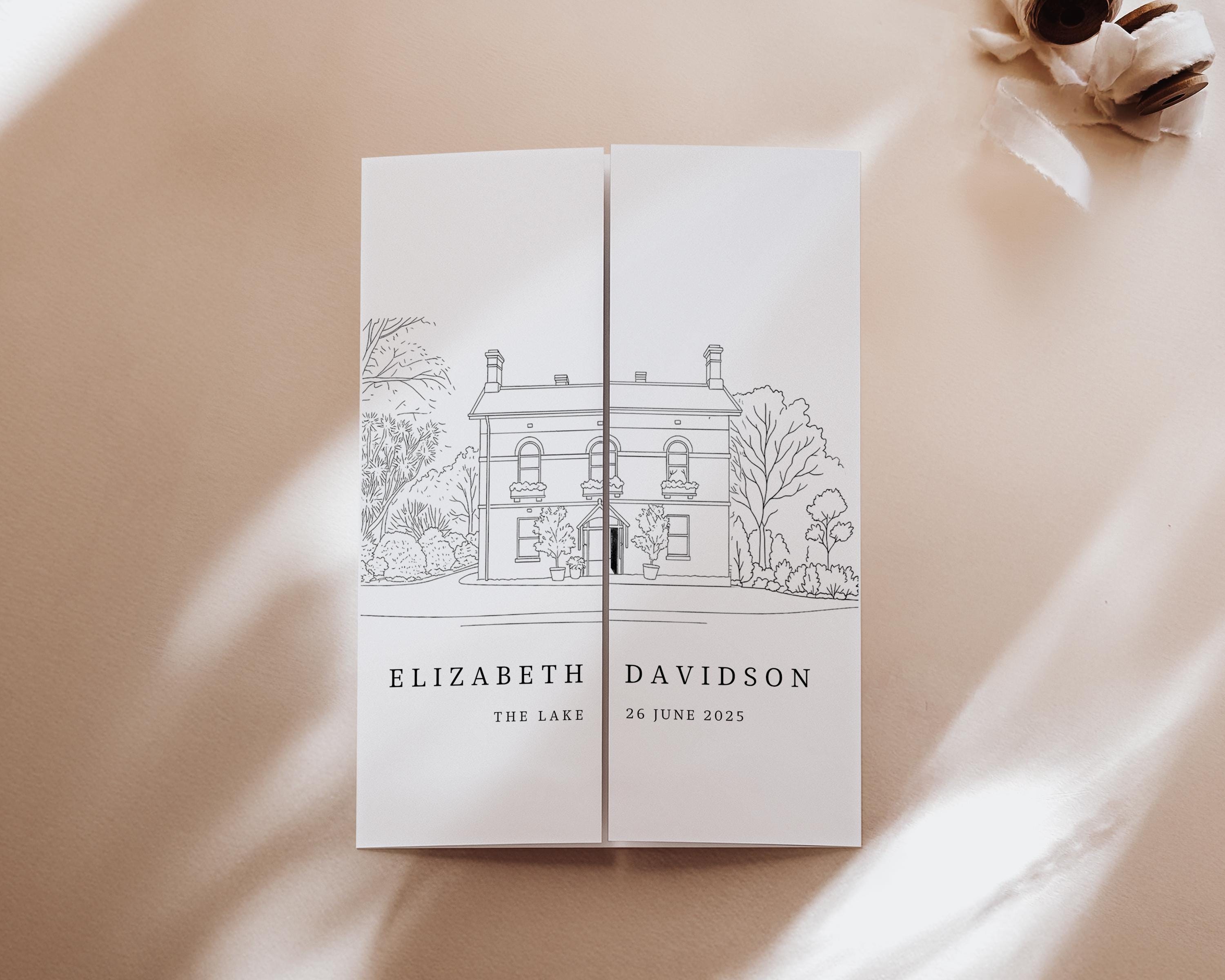 Gatefold Venue Sketch,Line drawing Gatefold Wedding Invitation, Gatefold Wedding Invitation, Gatefold, Wedding Venue Illustration for Invite