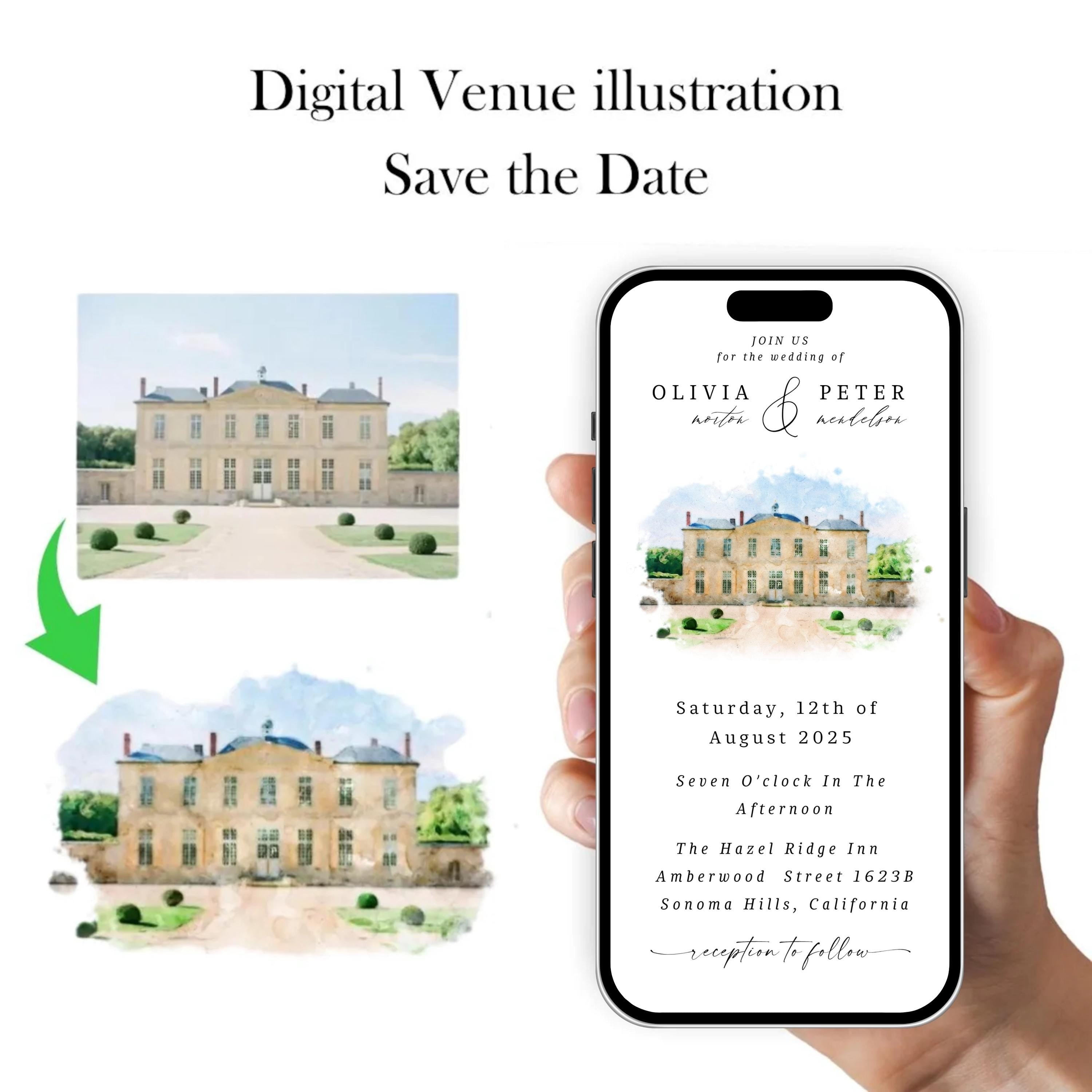 Digital Venue Sketch Save the Date: Watercolor Wedding E-vite (JPEG, PNG, PDF