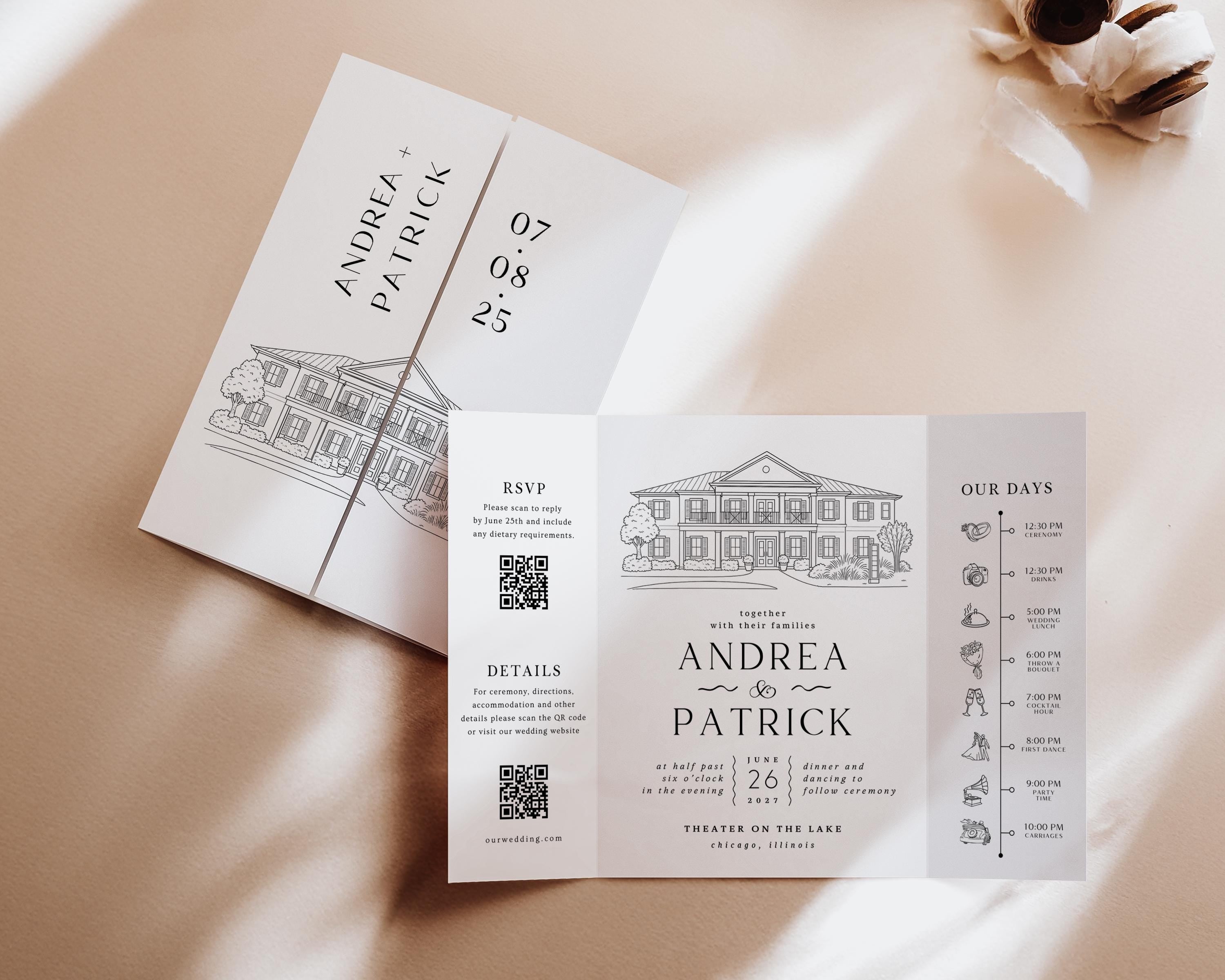 Custom Wedding Venue Illustration Invitation: Line Drawing Gatefold Template