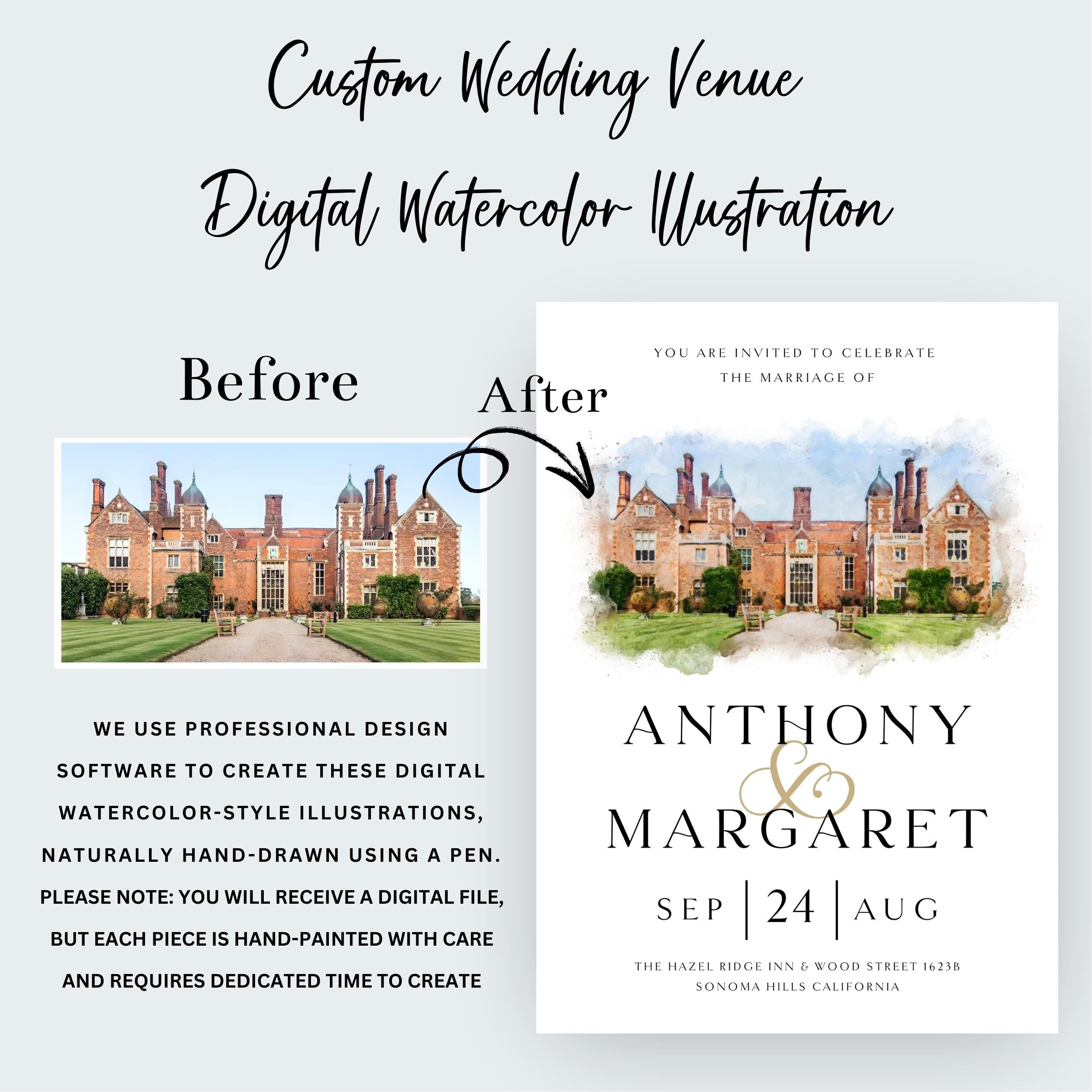 Custom Wedding Venue Watercolor Illustration: Digital Art (JPEG, PNG, PDF)