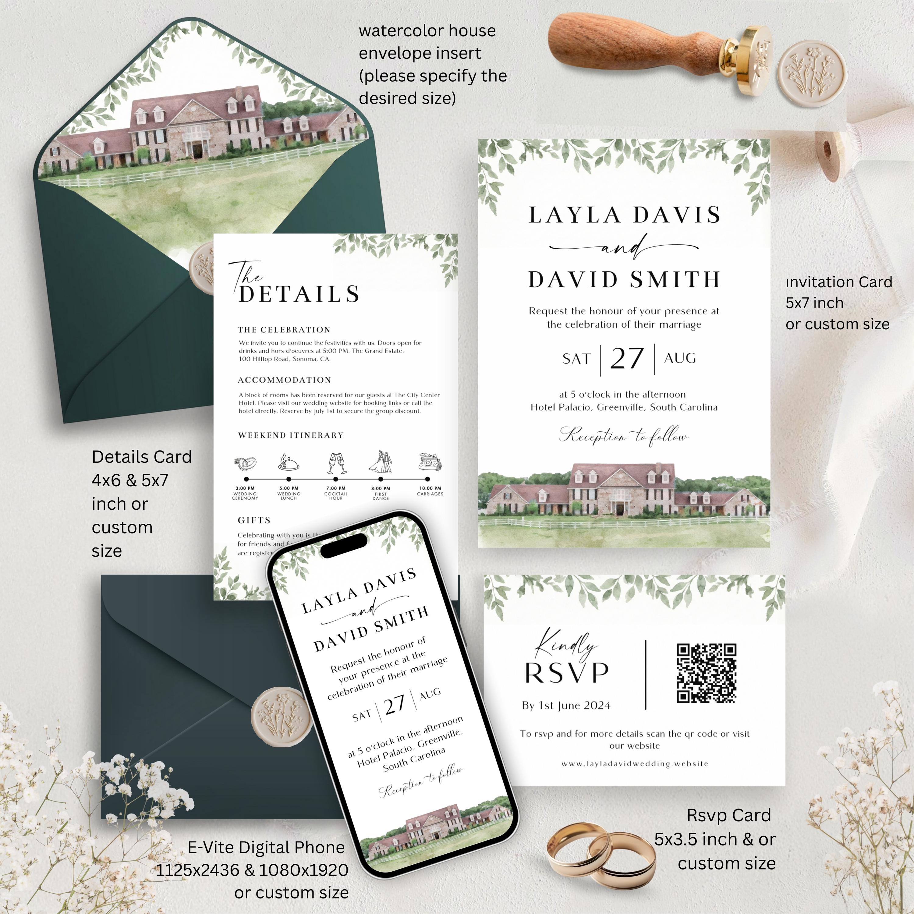 Custom Watercolor Venue Wedding Invitation set | Editable Canva Invite Template | Modern Wedding Illustration