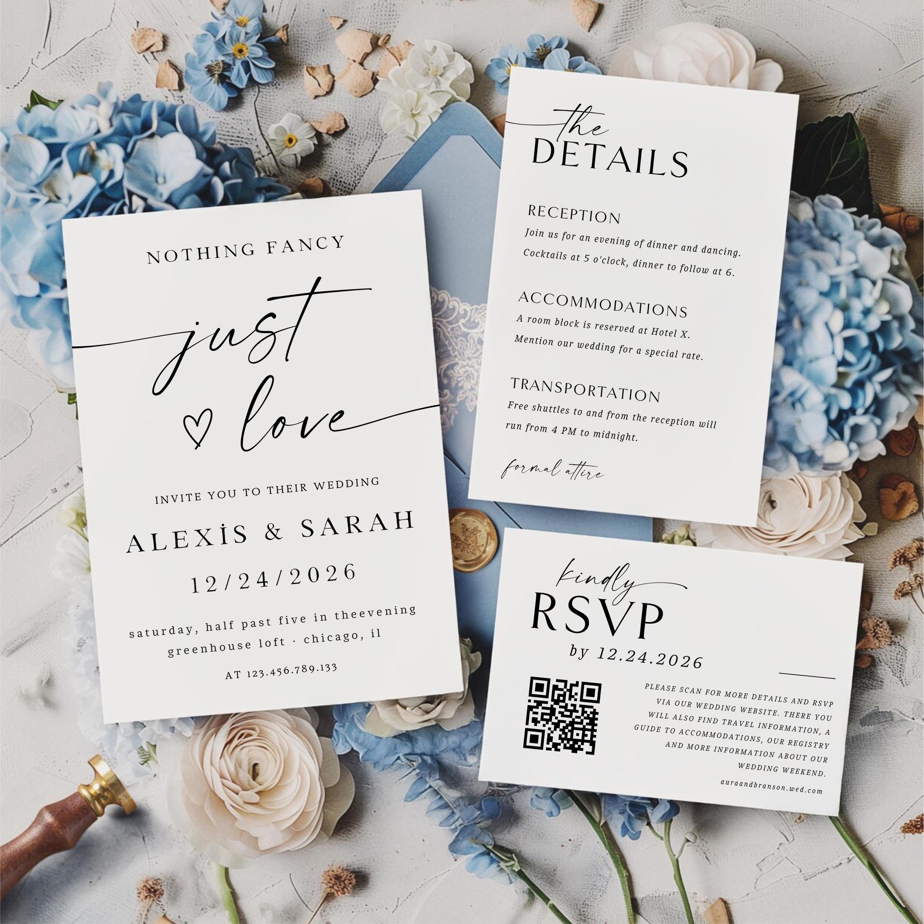 Modern Elopement Wedding Invitation, Minimalist Reception Invite (Canva Template)