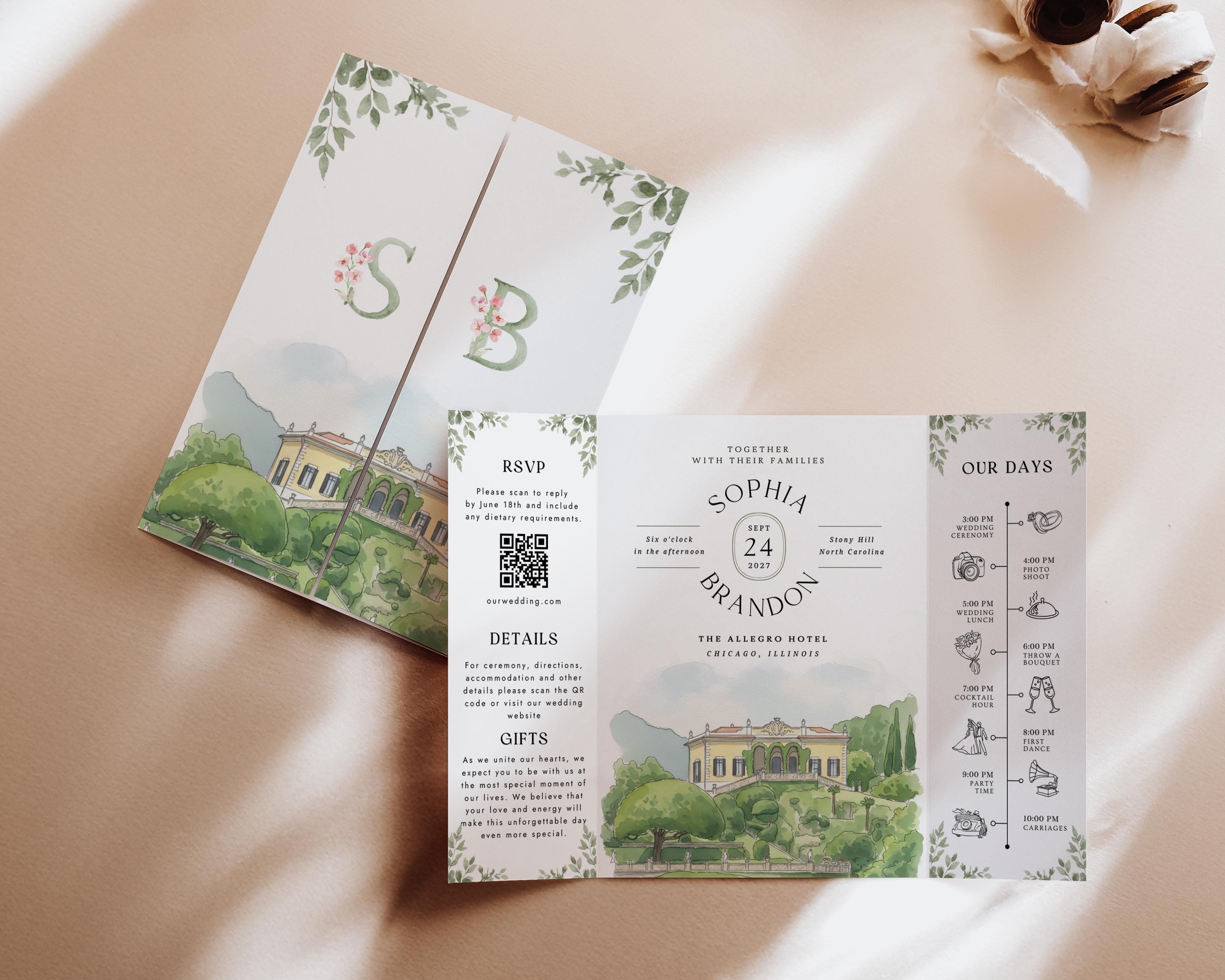 Custom Watercolor Venue Wedding Invitation, Editable Canva Gatefold Invite Template
