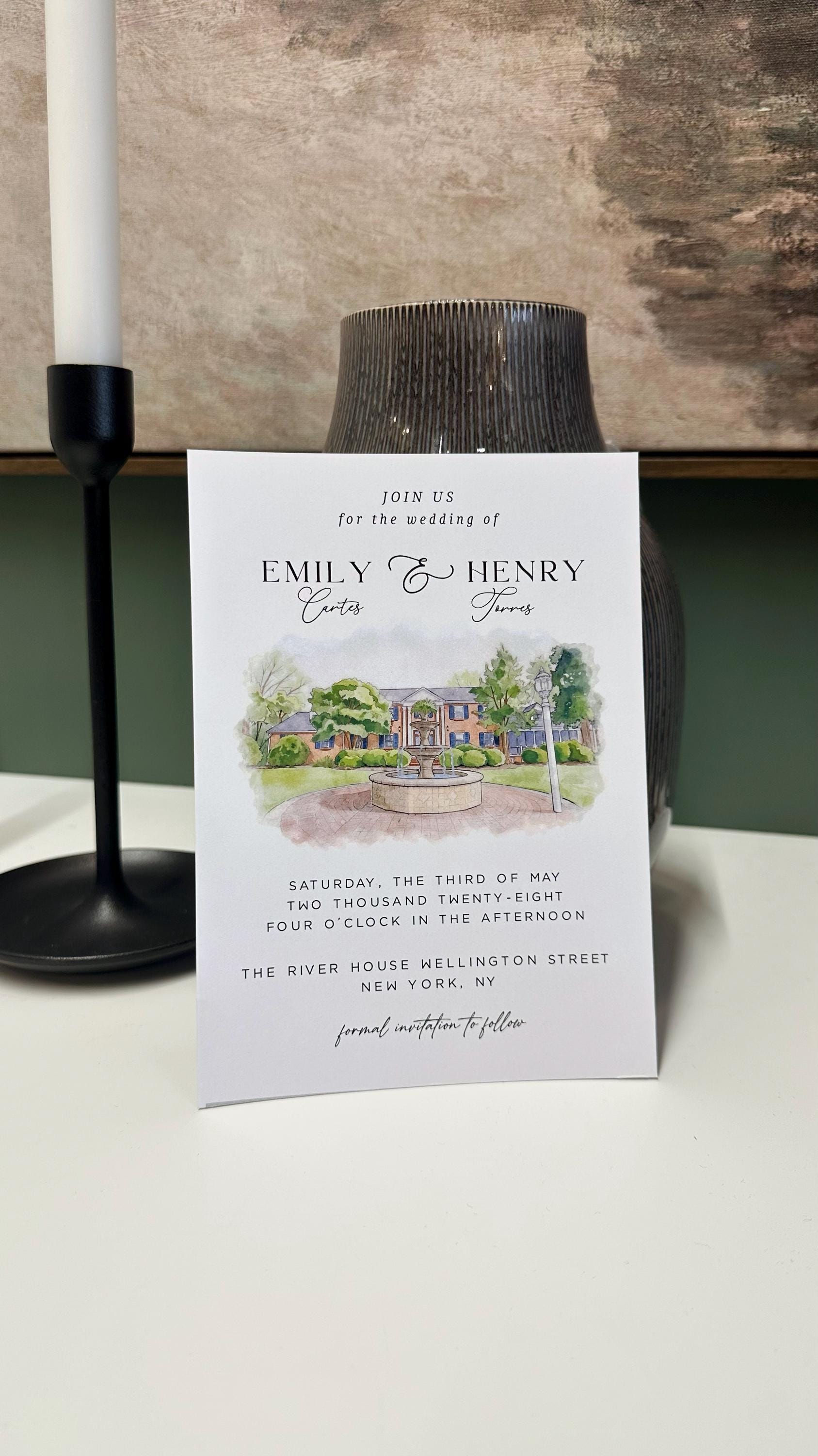 Watercolor Venue Arch Wedding Invitation Set Template, Illustrations Invite Editable Canva Template,