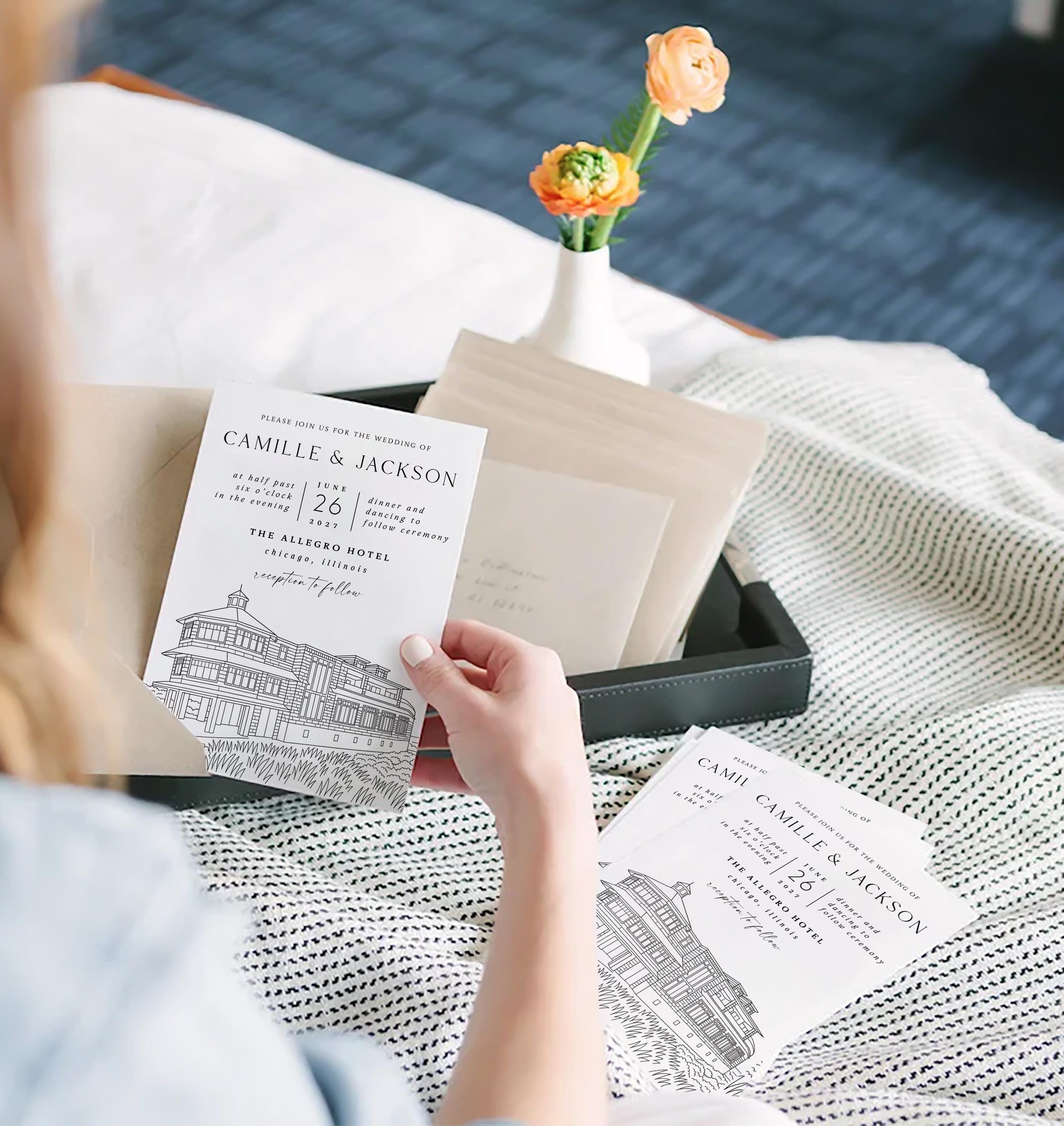 Wedding Venue Line Art Invitation: Custom Venue Sketch (Canva Template, Digital Download