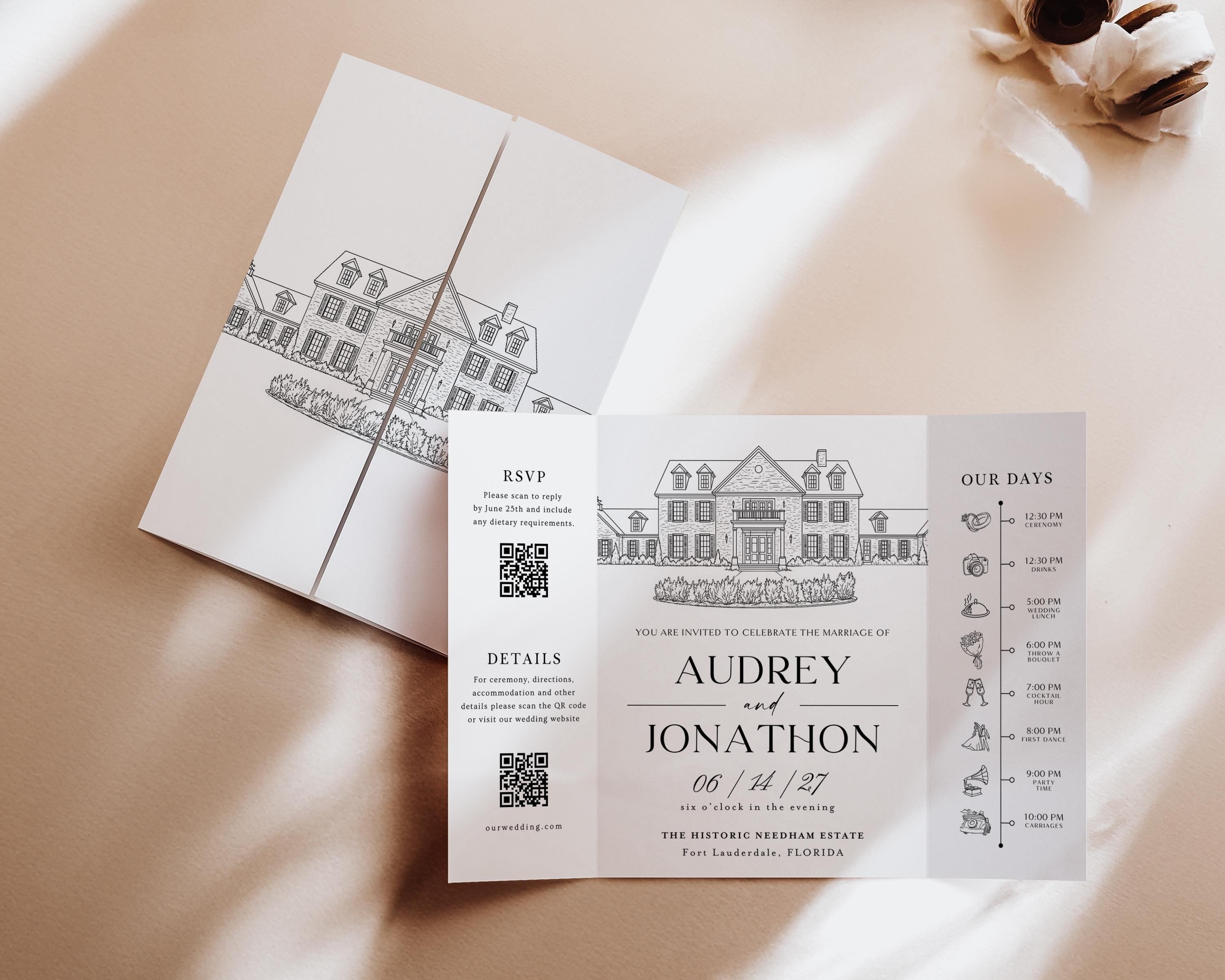 Gatefold Venue Sketch,Line drawing Gatefold Wedding Invitation, Gatefold Wedding Invitation, Gatefold, Wedding Venue Illustration for Invite