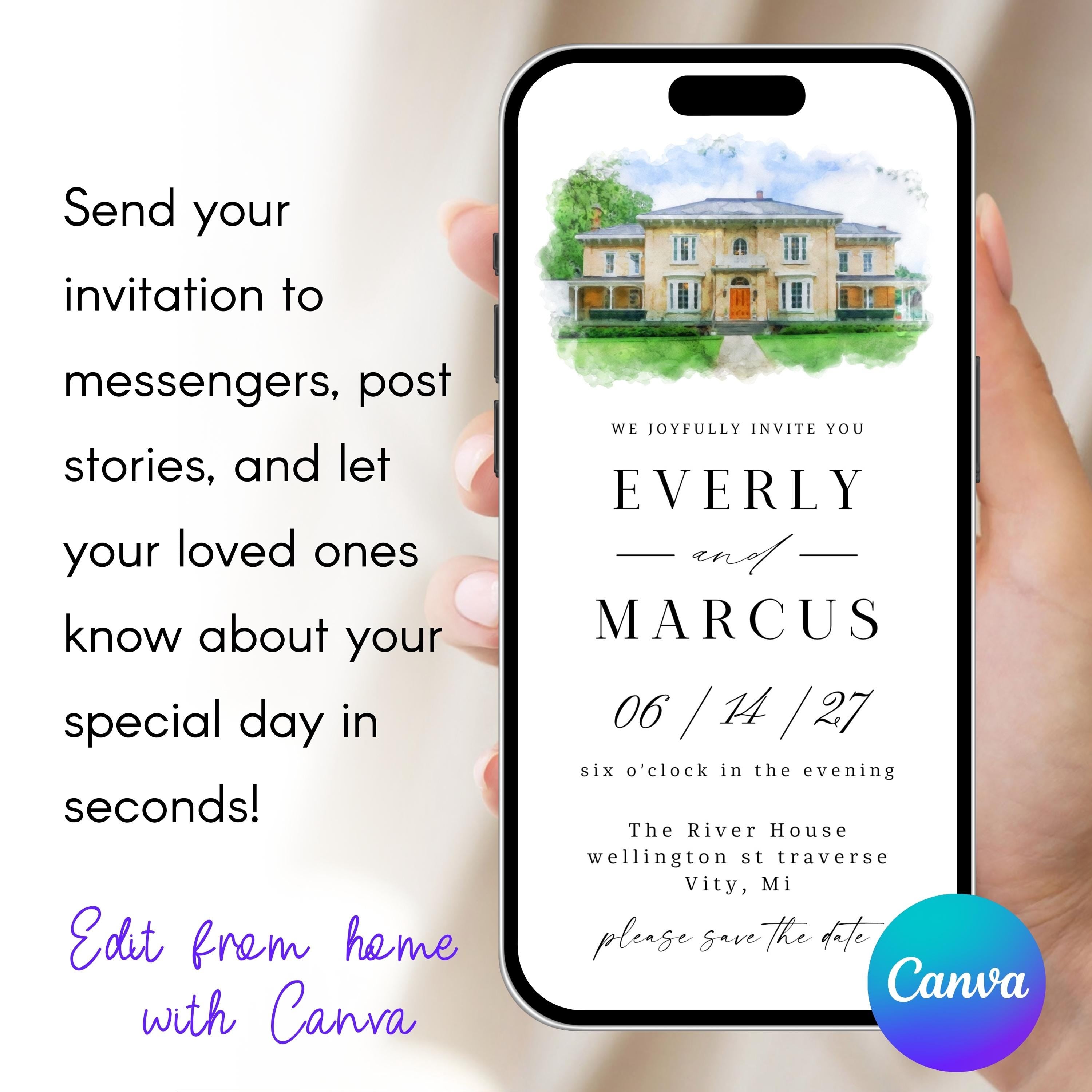 Digital Venue Sketch Save the Date: Watercolor Wedding E-vite (JPEG, PNG, PDF