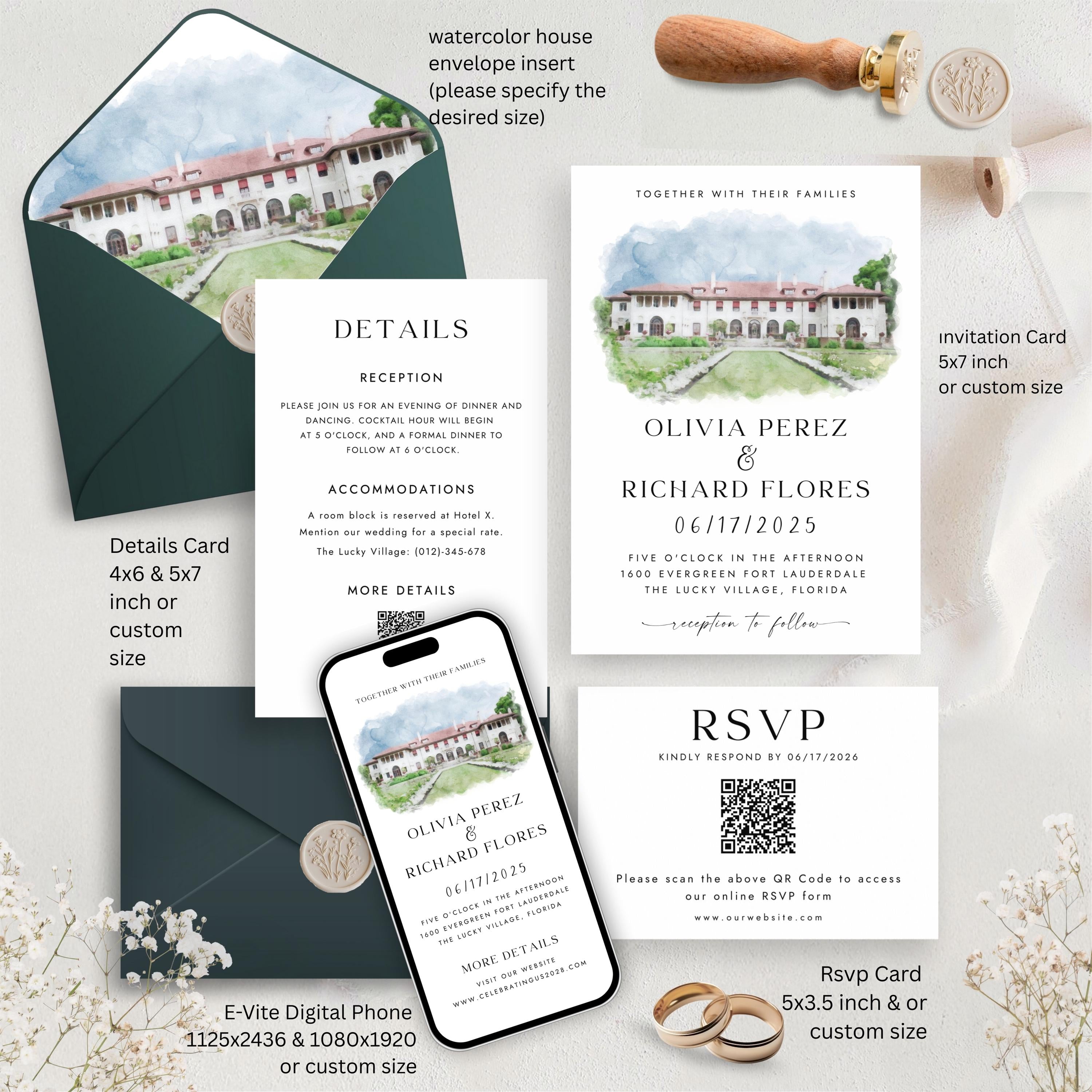 Custom Watercolor Venue Wedding Invitation Set | Modern Invite Template | Editable Canva DIY Template