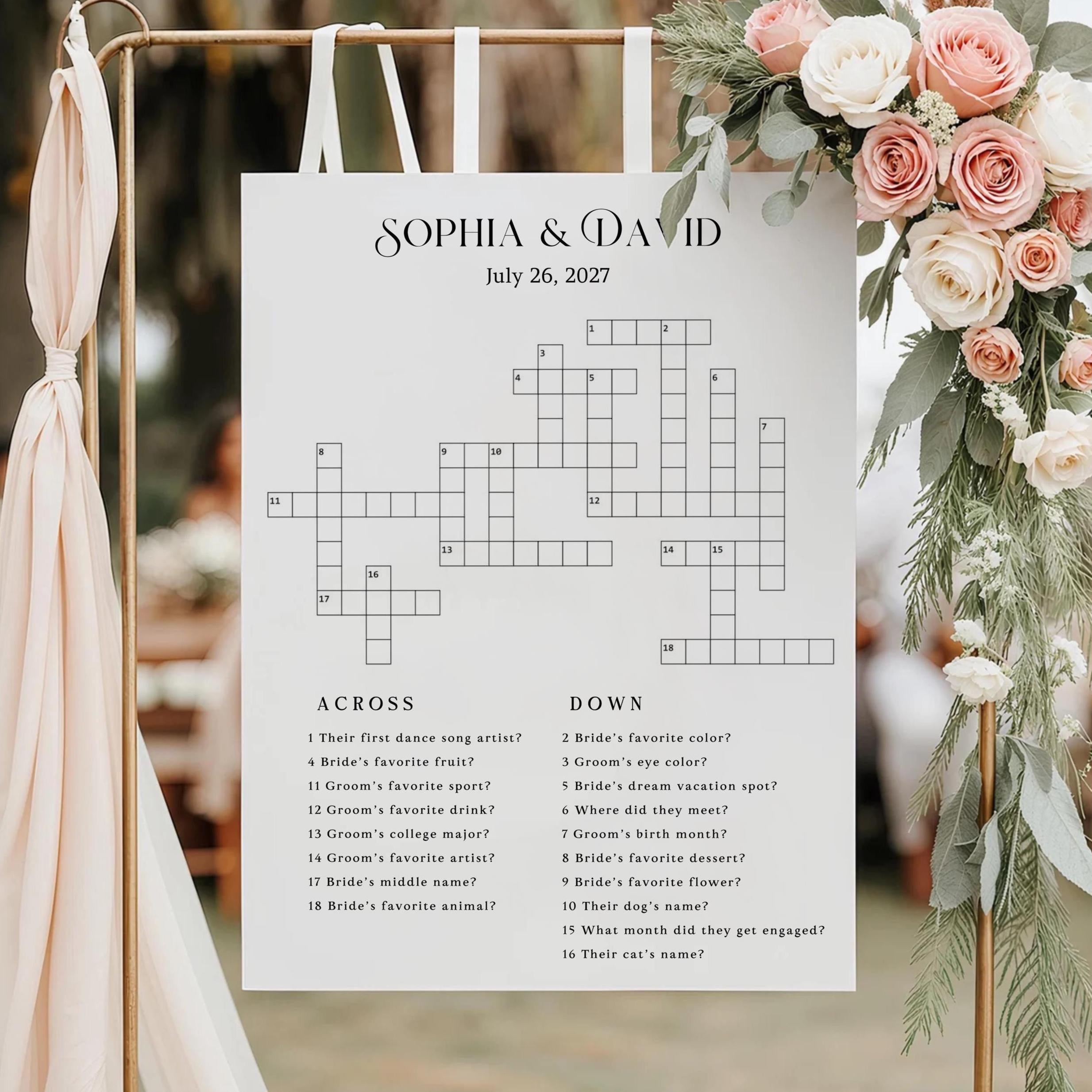 Custom Wedding Crossword Puzzle: Giant, Minimalist, Boho (Digital Deliver, PDF, JPEG, PNG Format)