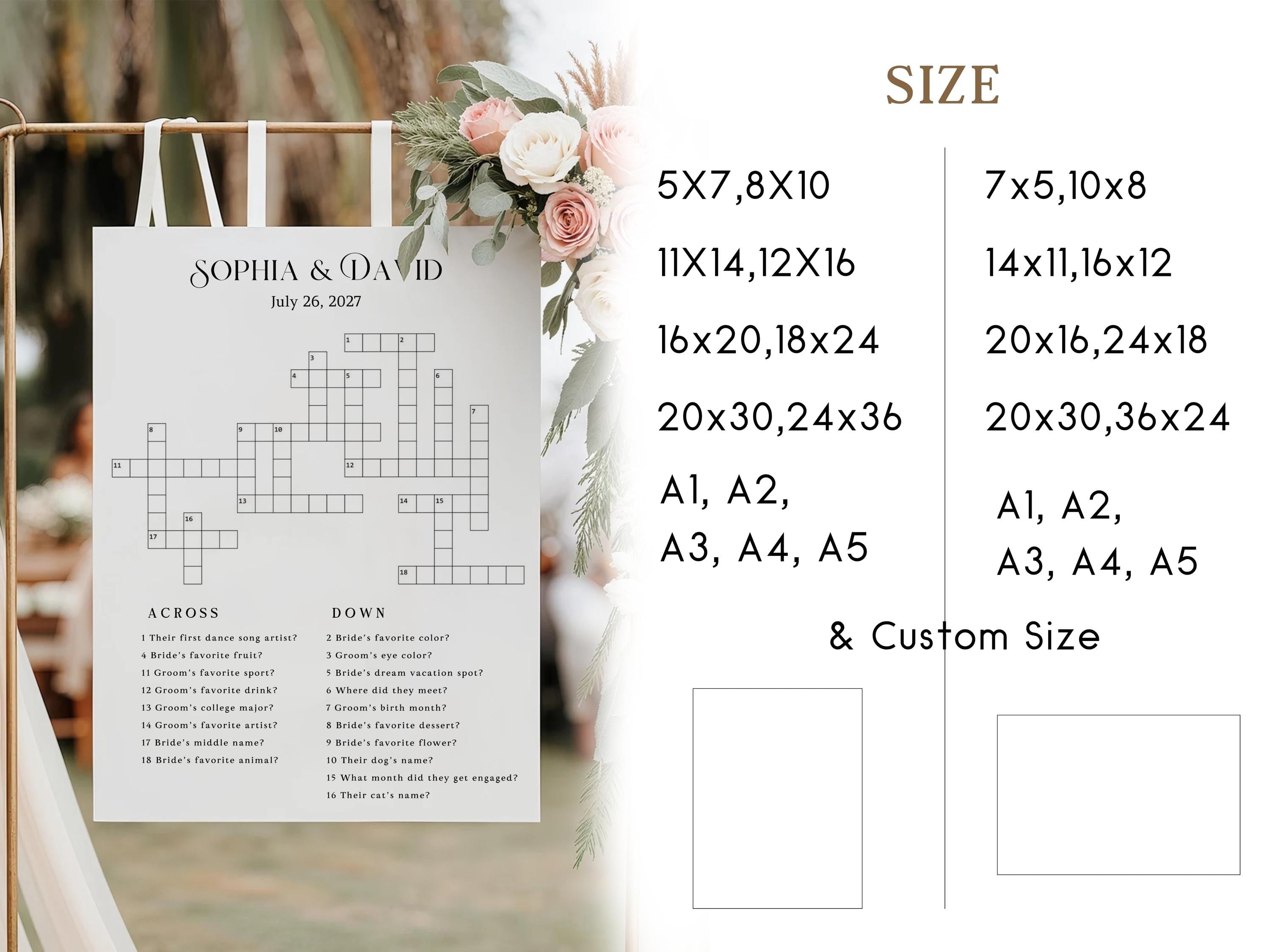 Custom Wedding Crossword Puzzle: Giant, Minimalist, Boho (Digital Deliver, PDF, JPEG, PNG Format)