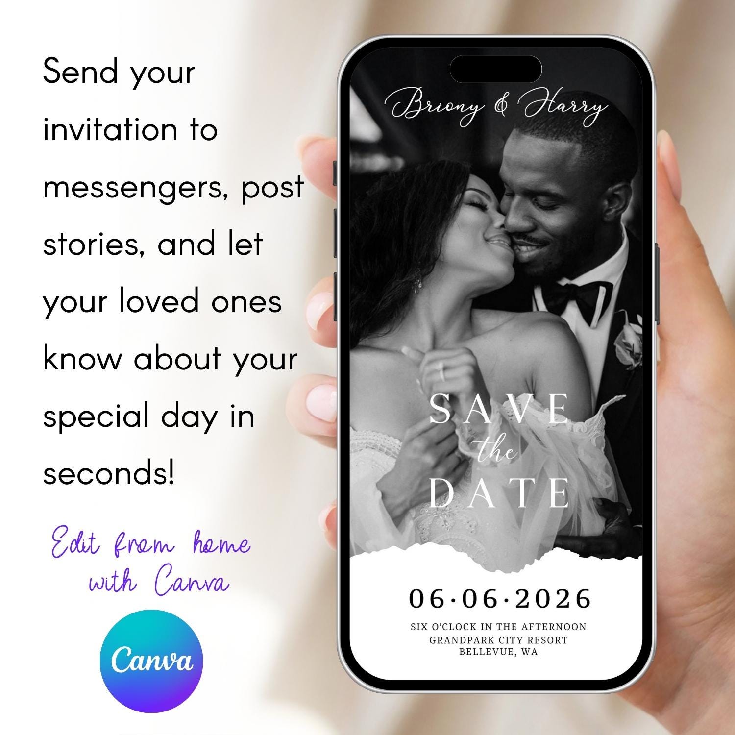 Animated Photo Save the Date Template: Editable Wedding Invitation (Digital Download)