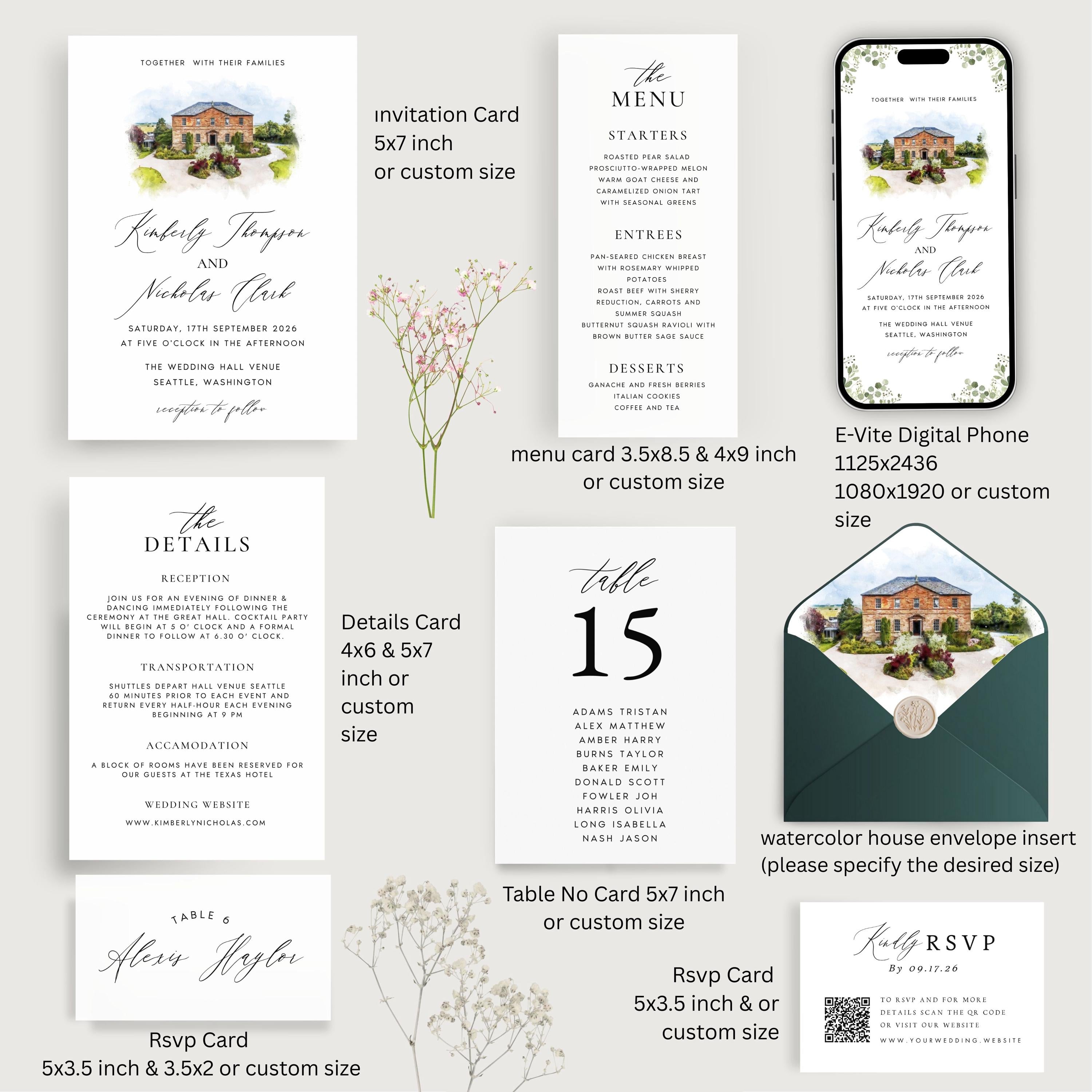 Custom Watercolor Venue Wedding Invitation | Printable Wedding Stationery Bundle | Editable Canva Template