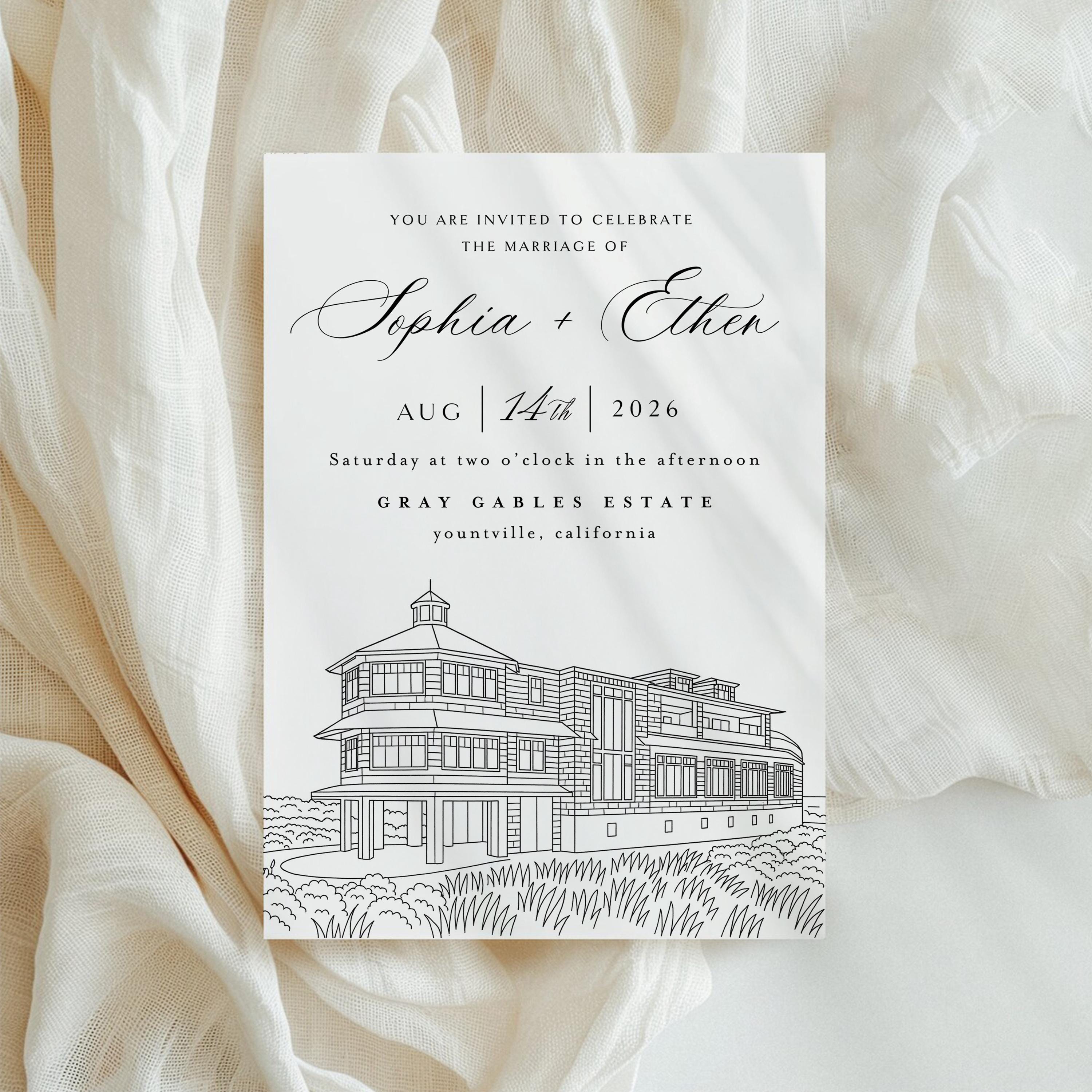 Wedding Venue Line Art Invitation: Custom Venue Sketch (Canva Template, Digital Download
